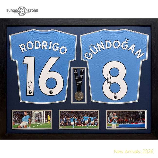 Manchester City FC Rodri & Gundogan Signed Shirts & Medal (Dual Framed)
