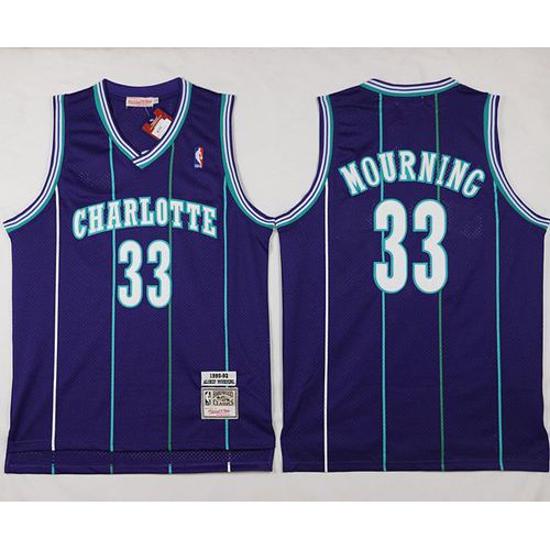 Mitchell And Ness Charlotte Hornets #33 Alonzo Mourning Purple Throwback Stitched NBA Jersey Mens