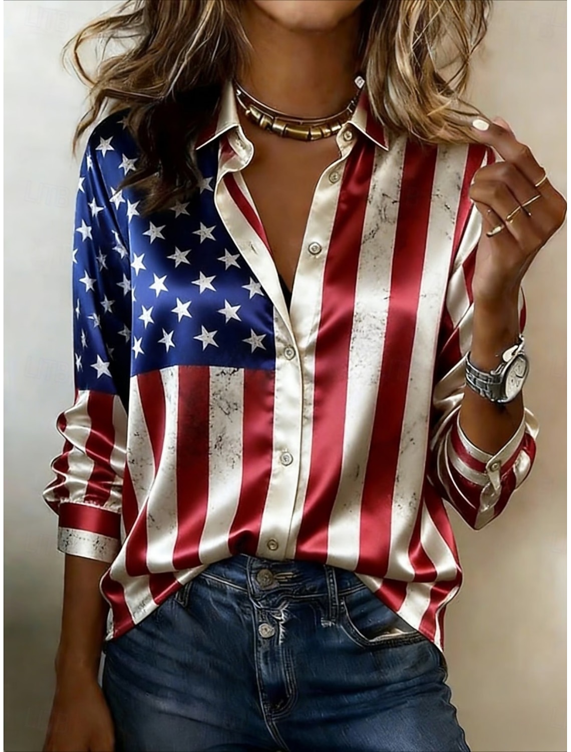 American Independence Day Women's Shirt Satin Shirt Button Down Shirt Casual Shirt Print Graphic Flag Classic Casual Long Sleeve Shirt Collar Regular Tops Daily Holiday Going out Blue Sky gray Yellow