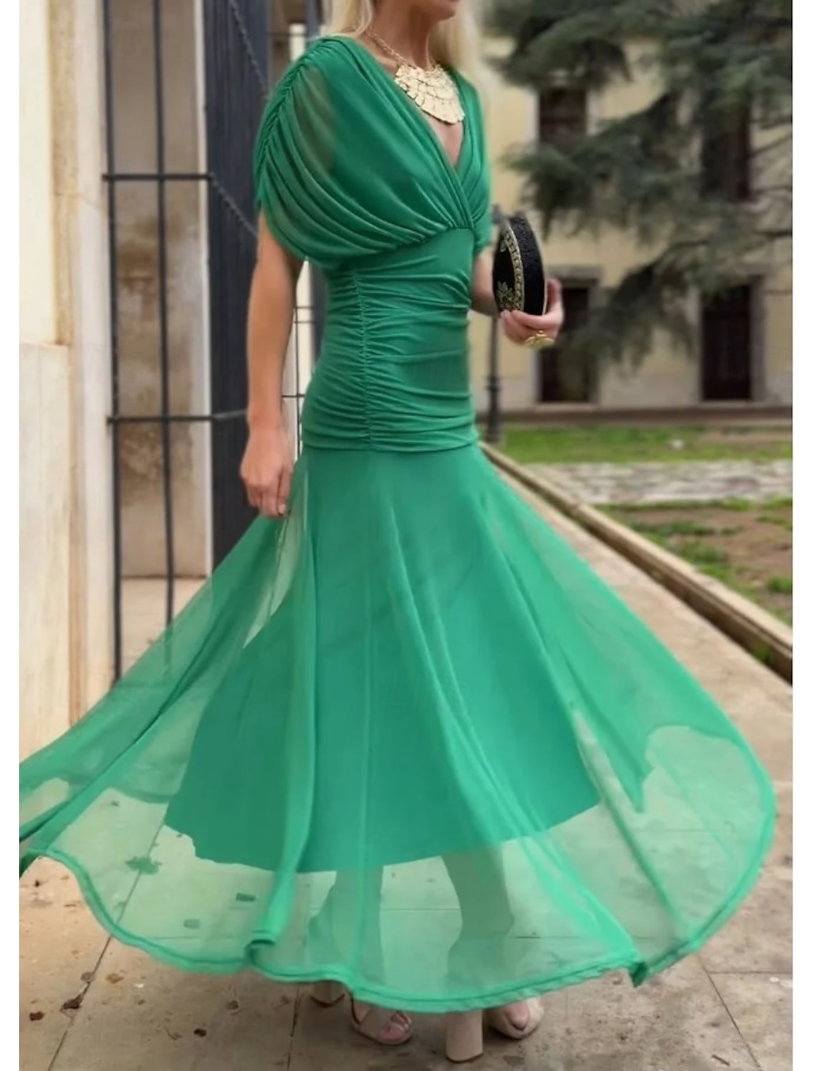 Women's Midi Dress Sheath Dress Vacation Birthday Beach Party Going out Regular Fit Solid Color Short Sleeve V Neck dark brown Deep Green Navy Red Summer Spring