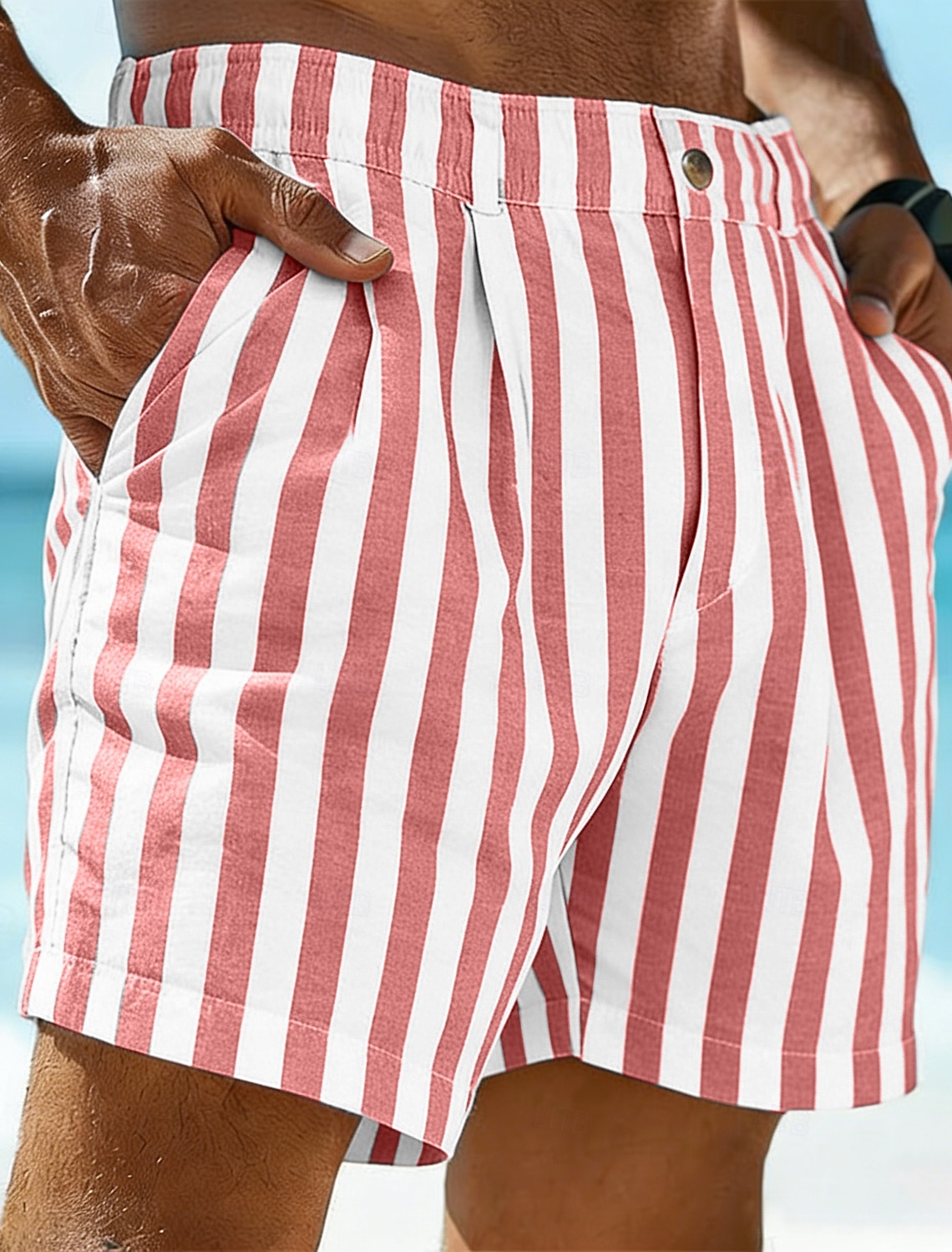 Men's Shorts Linen Summer Beach Pocket Elastic Waist Striped Comfort