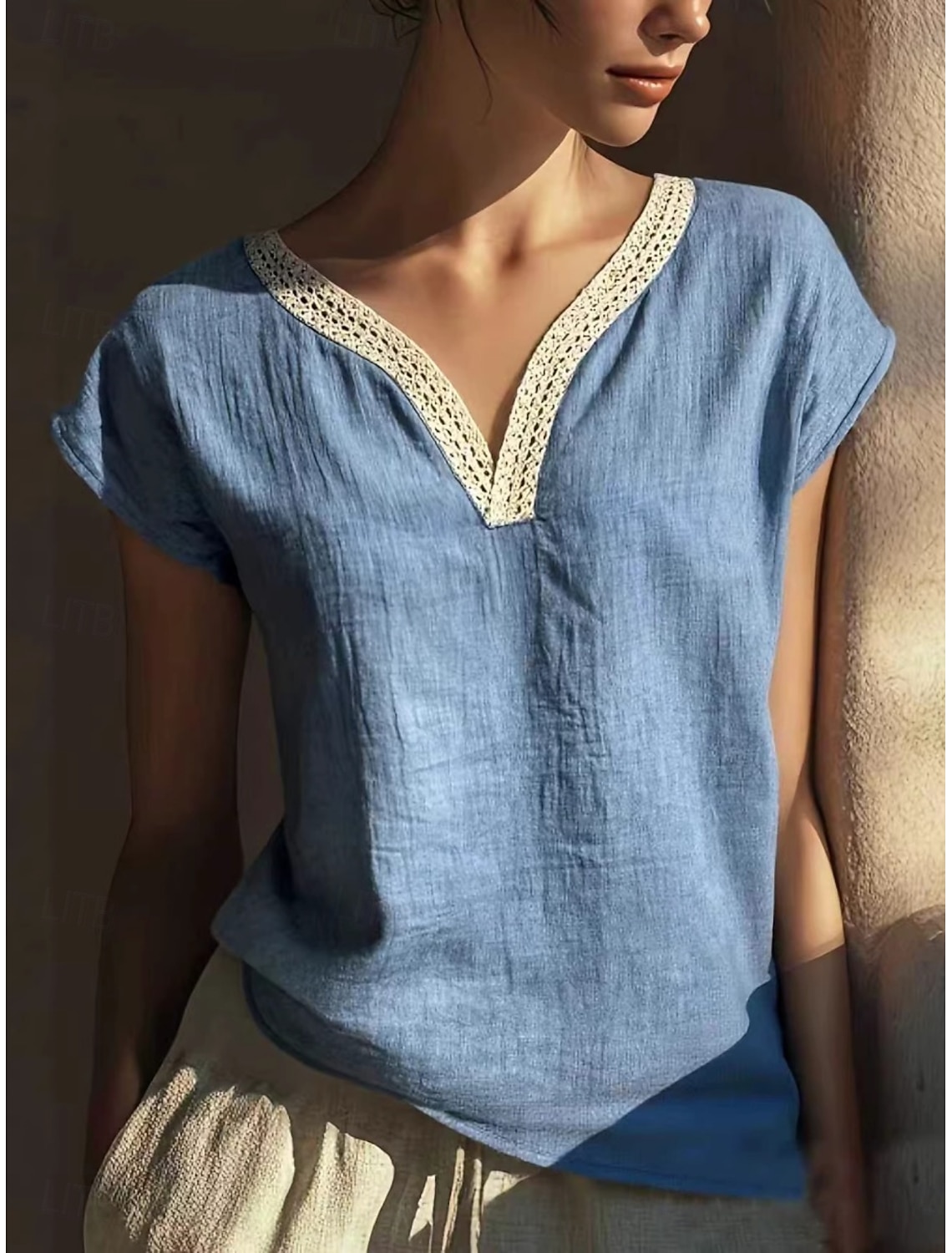 Women's T Shirt Cotton Linen T Shirt Faux Cotton Linen Tee Top Patchwork Plain Classic Casual Short Sleeve V Neck Regular Tops Daily Going out Weekend Sky Blue Apricot Gray Summer Spring