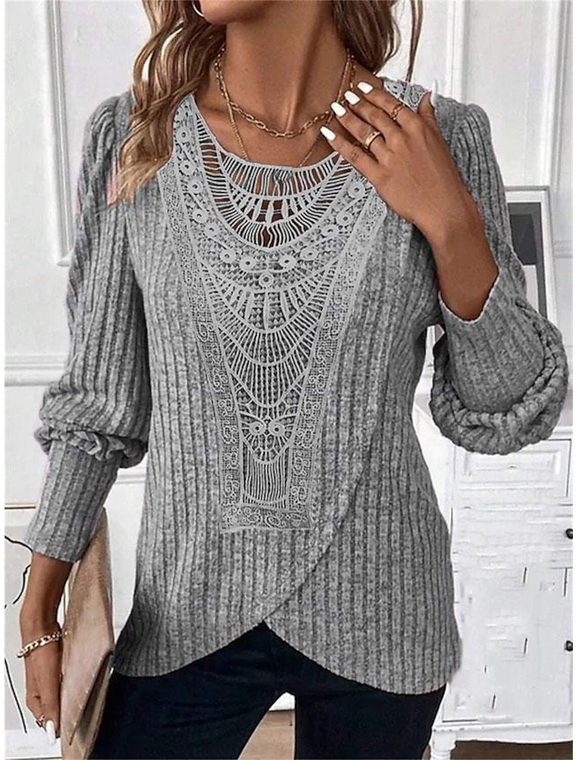 Women's Blouse Dressy Tops Casual Lace Long Sleeve Regular Tops Crew Neck Daily Spring & Fall