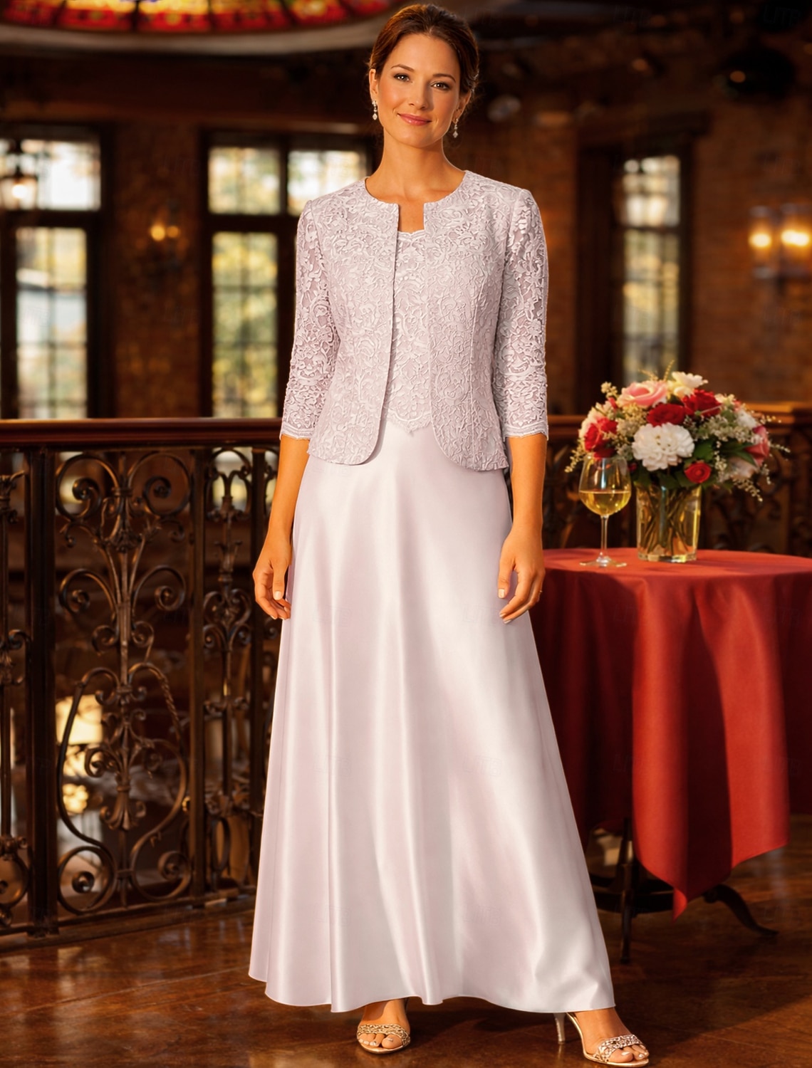 Sheath Column 3 Piece Floor Length Wedding Guest Dress Mother of the Bride Dress Sleeveless Long Sleeve Square Neck Jewel Neck Elegant Vintage Simple Formal Wedding Guest Satin Lace Jacket Dresses