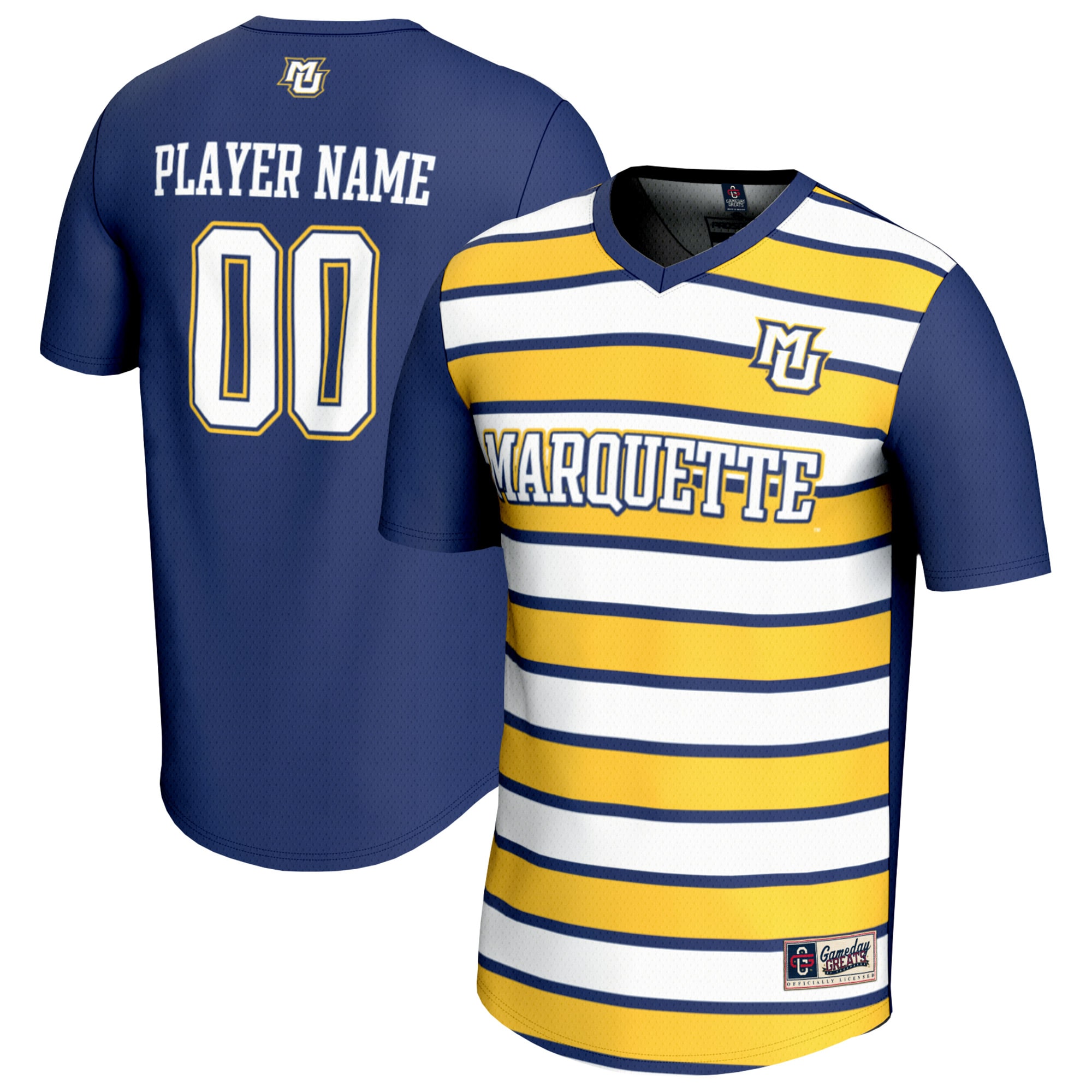 [SJH] Marquette Golden Eagles GameDay Greats NIL Pick-A-Player Collegiate Women's Soccer Lightweight Fashion Jersey - Blue/Gold