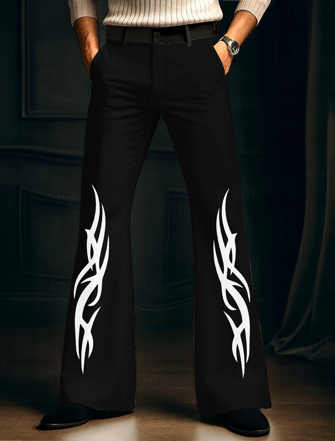 Men's Flame Disco Pants 60s 70s Bell Bottoms Mid Waist Vintage Retro Outdoor Party Casual Side Pockets Flared Leg Pants Trousers Spring Fall 3D Print Black White Red