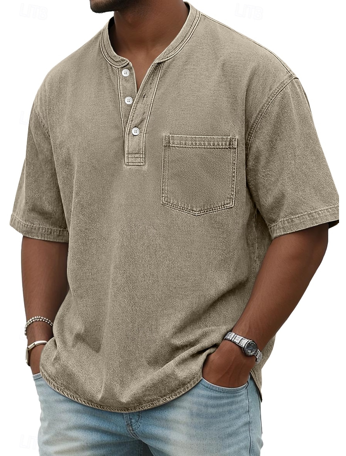 Men's Henley Shirt 100% Cotton Acid Wash T Tee Short Sleeve Solid #2