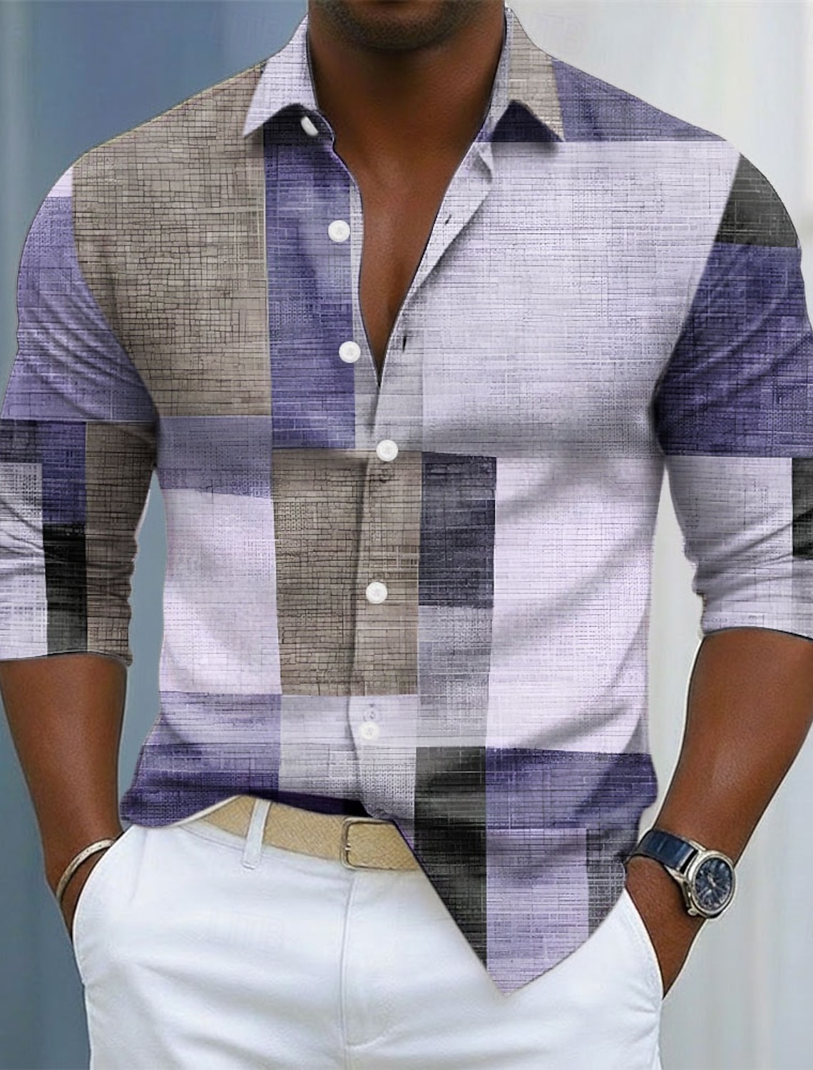 Men's Geometric Color Block Patchwork Shirt Button Up Long Sleeve