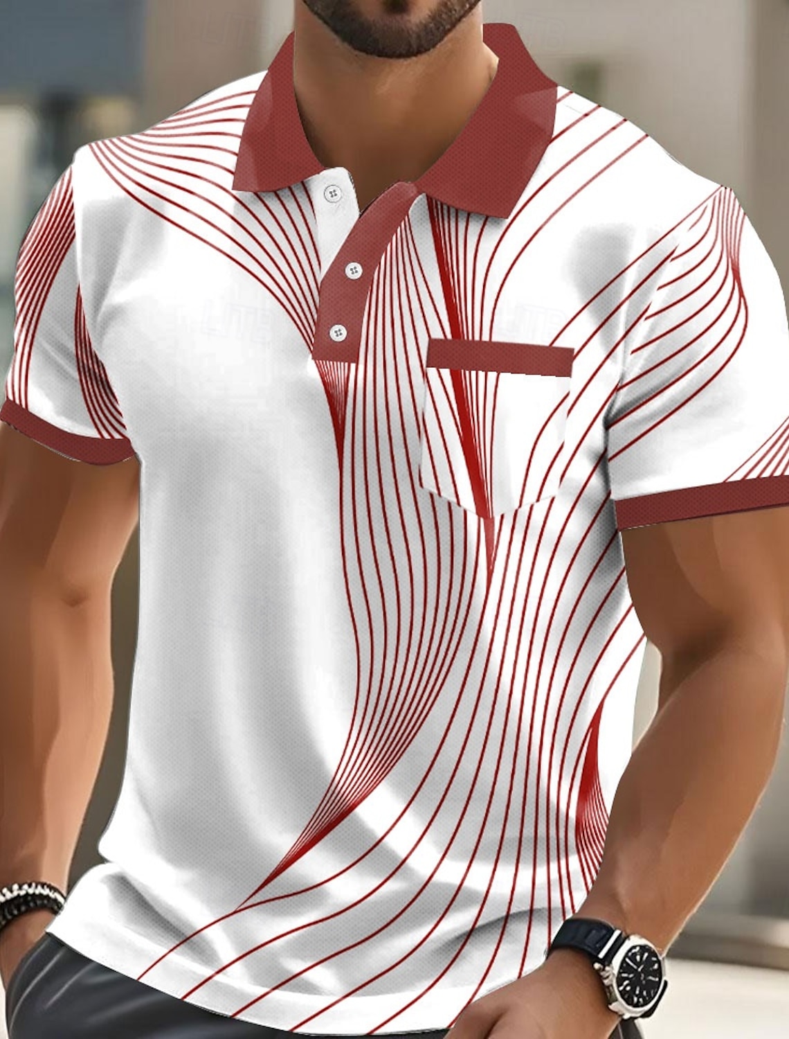 Men's Geometic Line Polo Short Sleeve Shirts Collared Business Casu #2