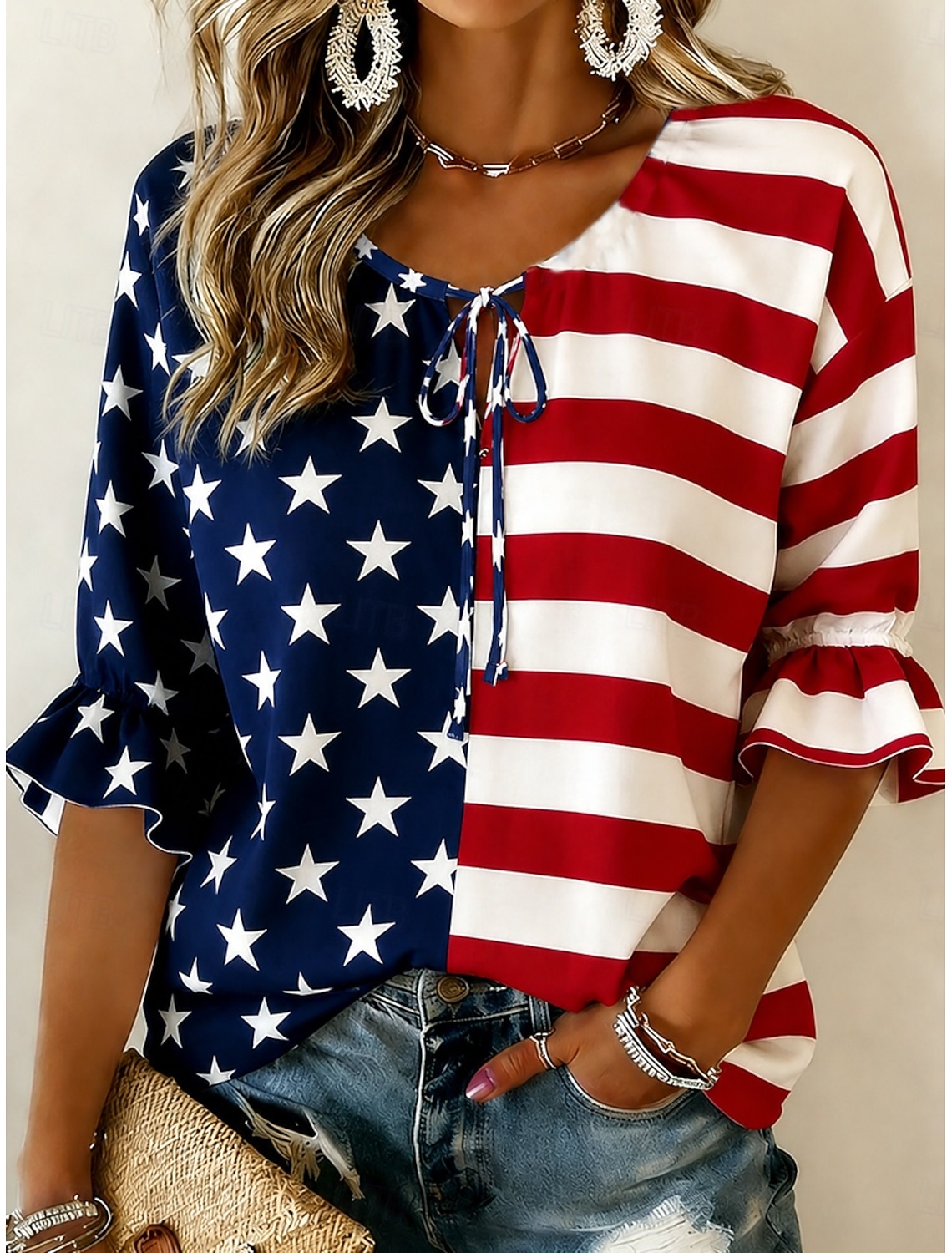 Independence Day Patriotic Women's T Shirt V Neck Long Sleeve Tunic Geometric National Flag Elegant Vintage Stylish Regular Tops Daily Weekend Print Red Navy Blue Blue Spring Prefall