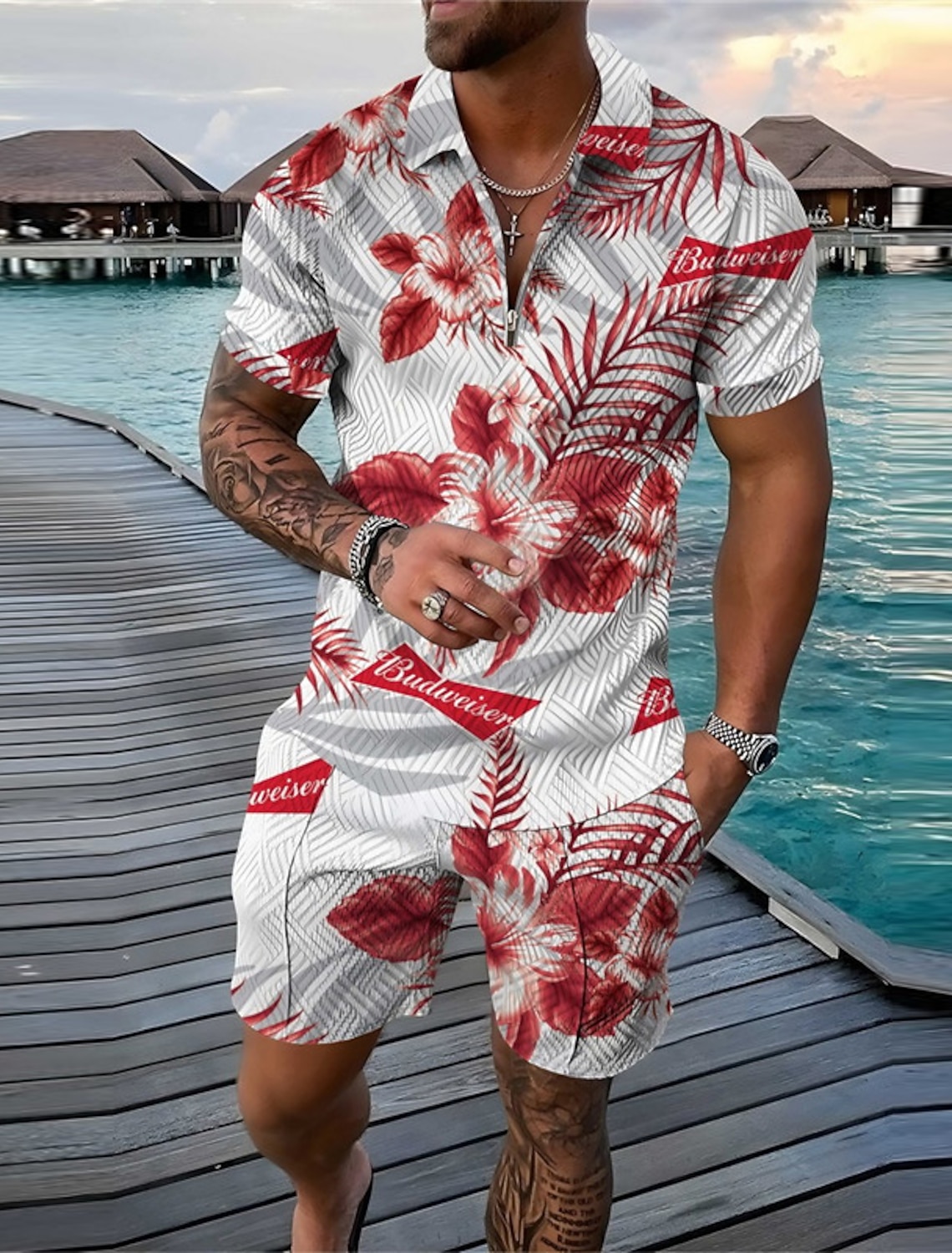 Men's Floral Graphic Skull Leaves Polo Shirts Hawaiian Golf Shirt Set