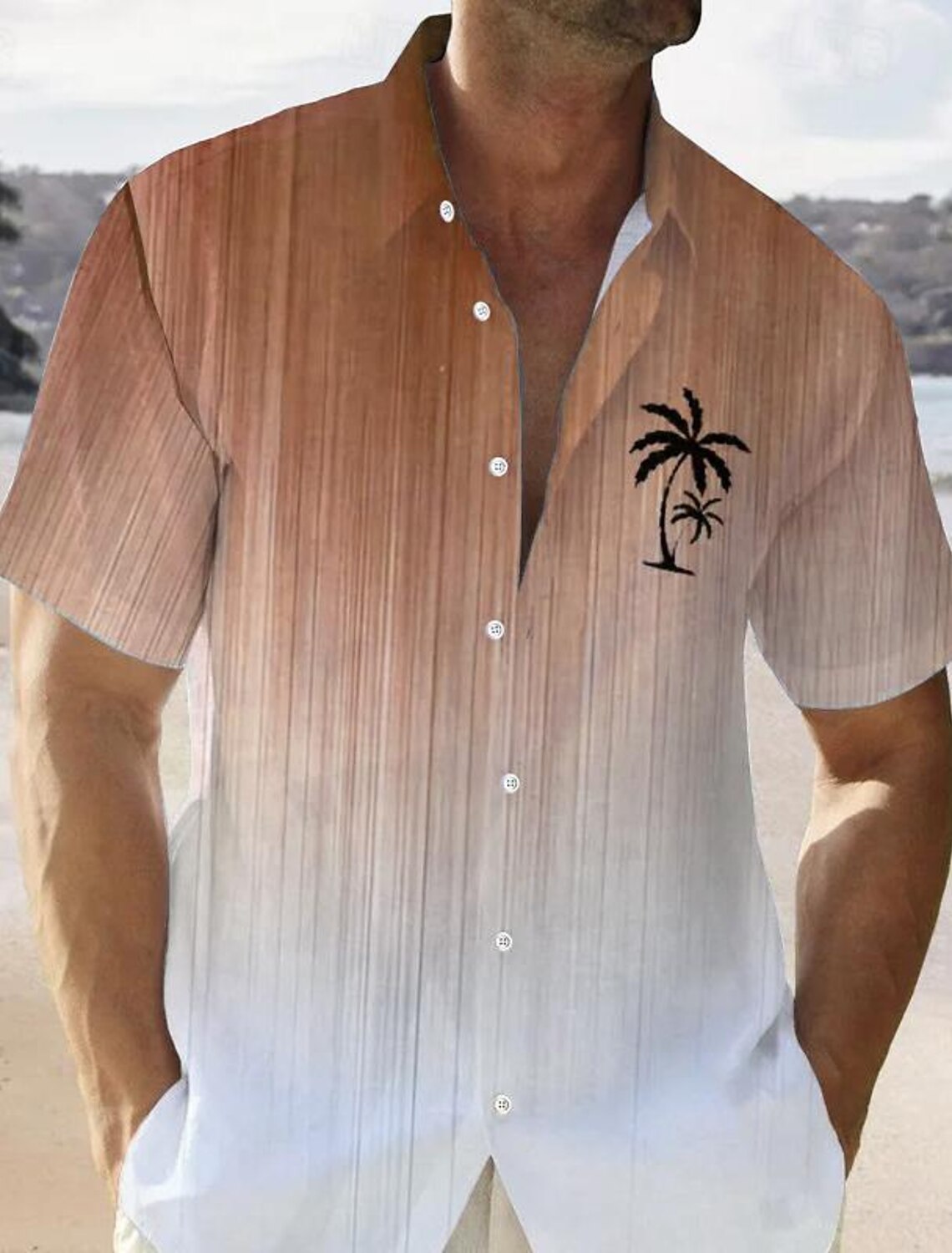 Color Gradient Palm Tree Men's Resort Hawaiian 3D Printed Shirt Button