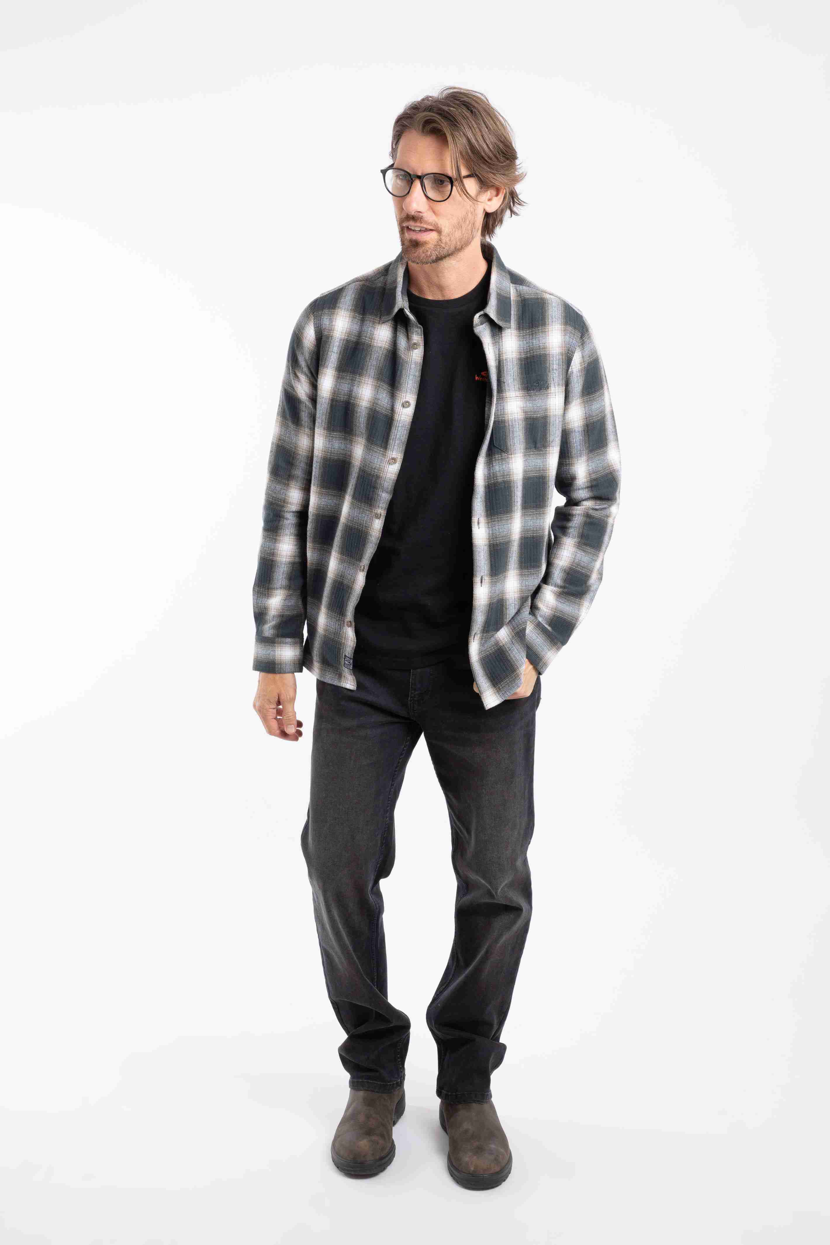 Broxton Organic Cotton Long Sleeve Herringbone Check Shirt Grey