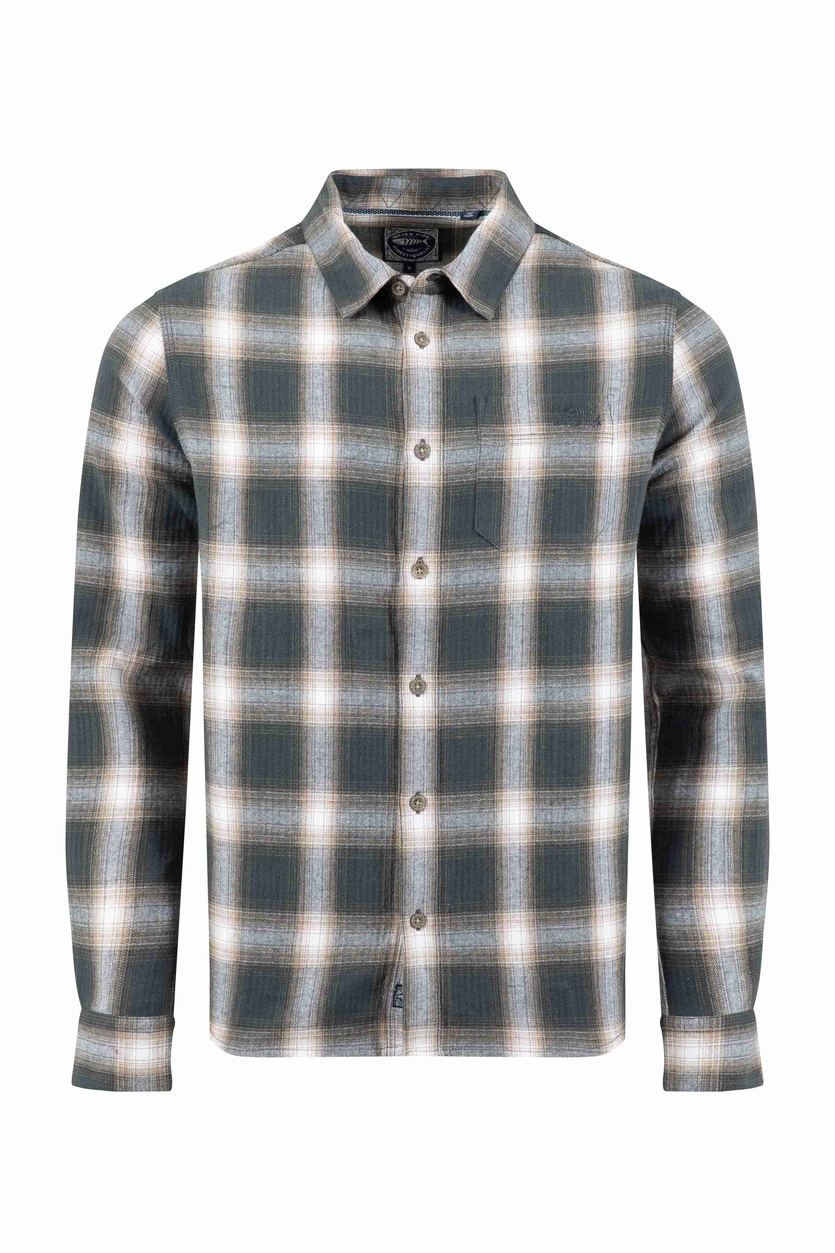 Broxton Organic Cotton Long Sleeve Herringbone Check Shirt Grey