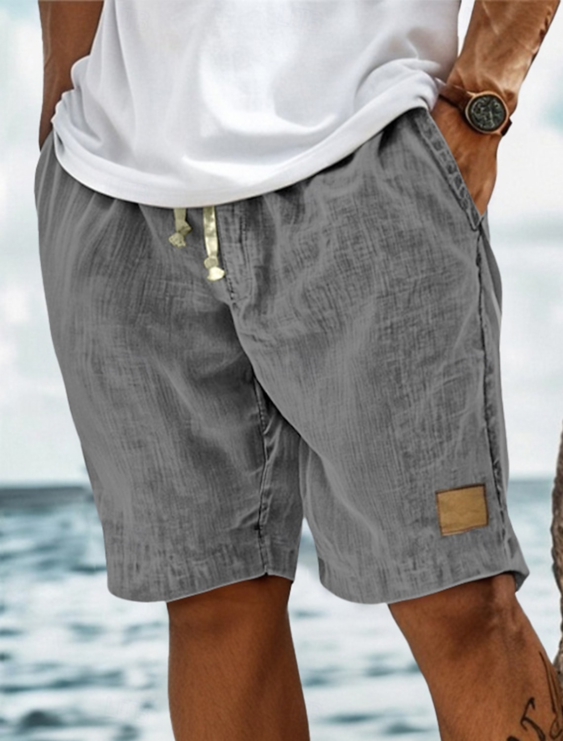 Men's Shorts Summer Beach Pocket Elastic Waist Drawstring Plain #2