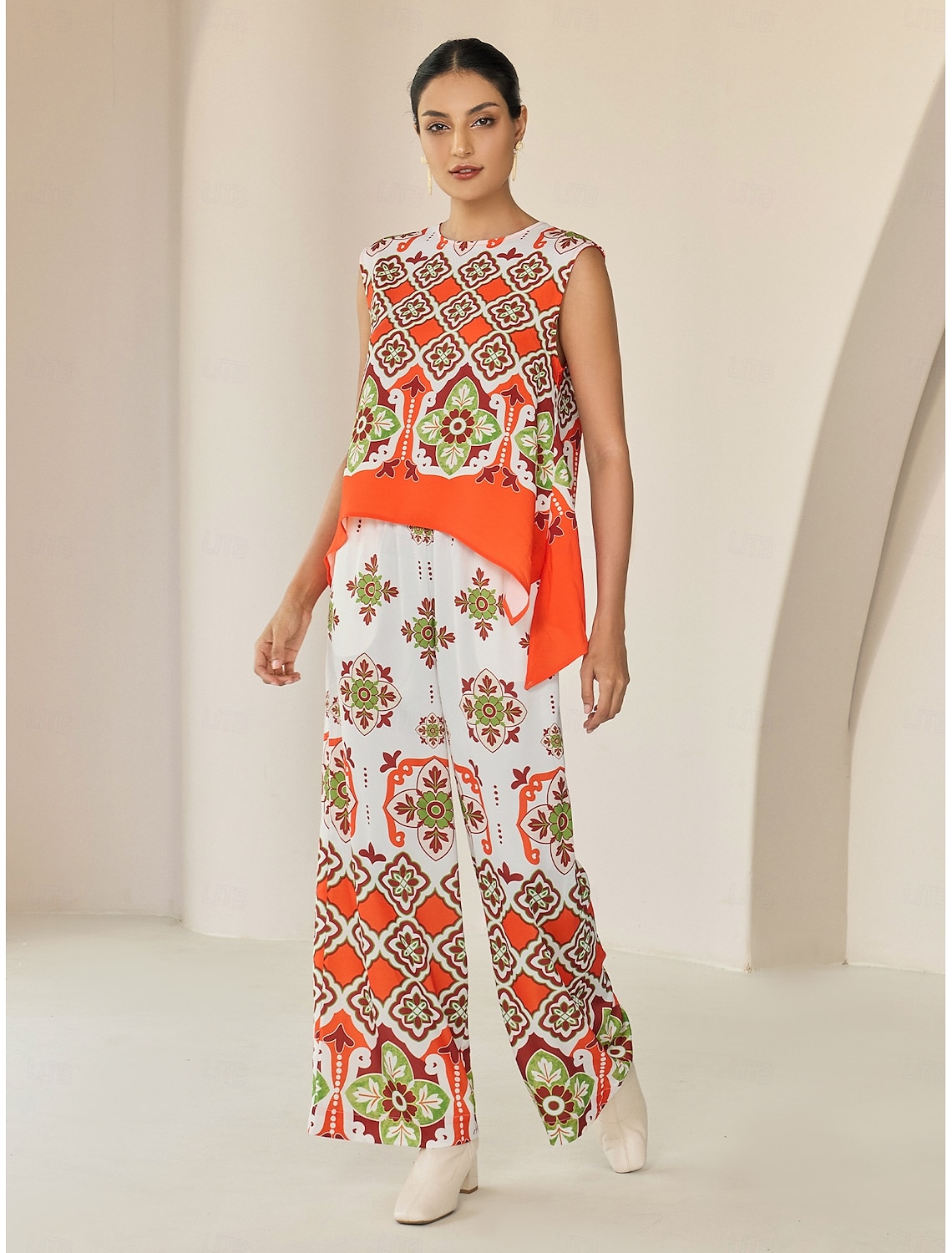 Satin Boho Double Slit Crew Neck Sleeveless Tank Top