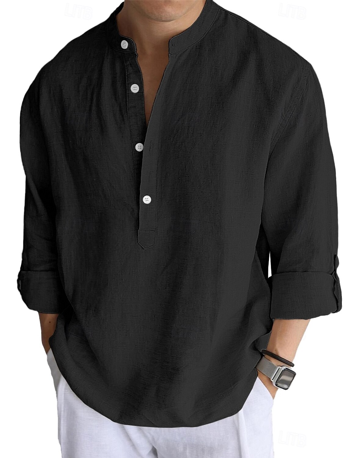 Men's Linen Shirt Popover Casual Beach Band Collar Plain Vacation