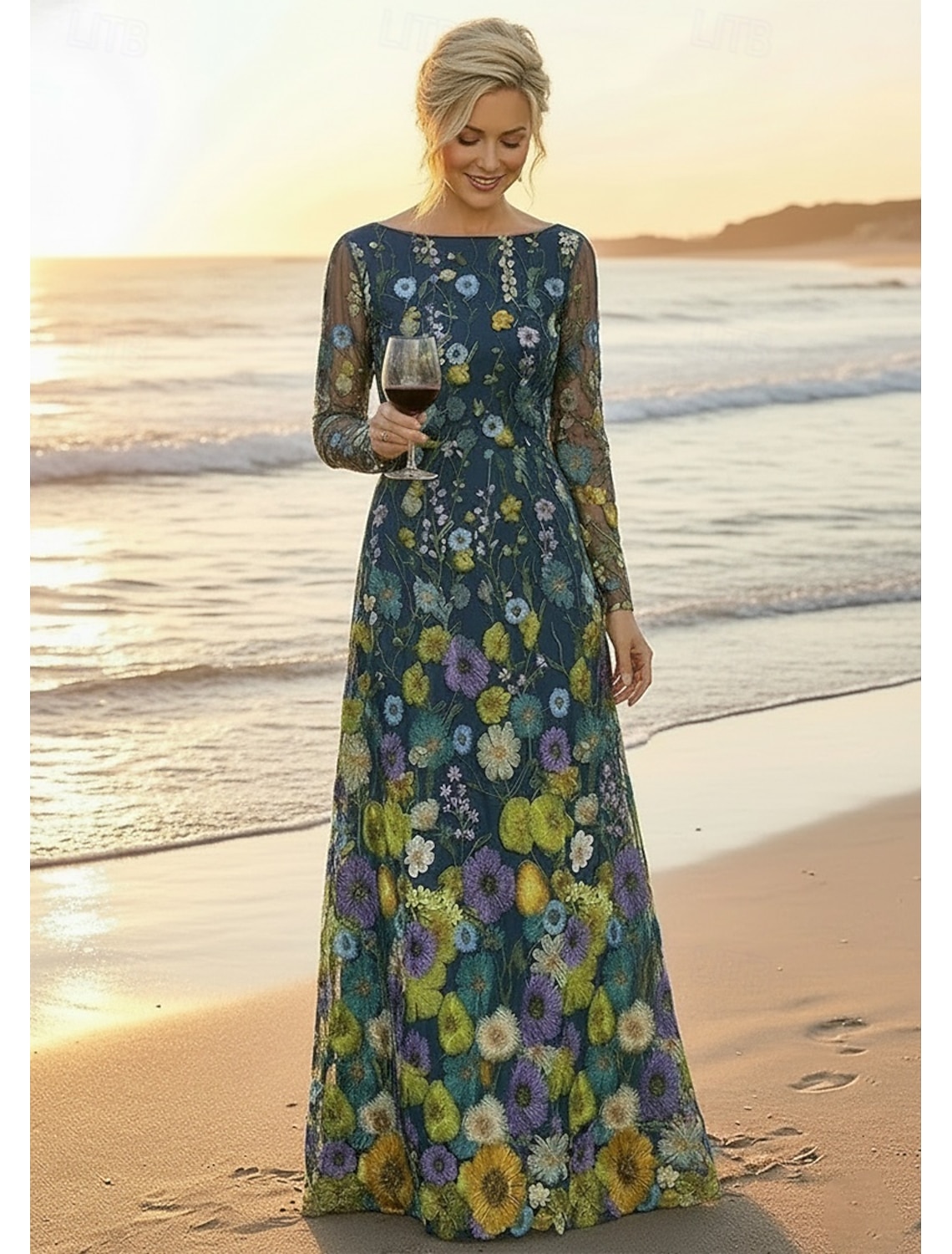 A-Line Dress Floor Length Mother of the Bride Dress Long Sleeve Boat Neck Elegant Vintage Luxurious Formal Wedding Guest Semi Formal Lace with 3D Flowers Embroidery