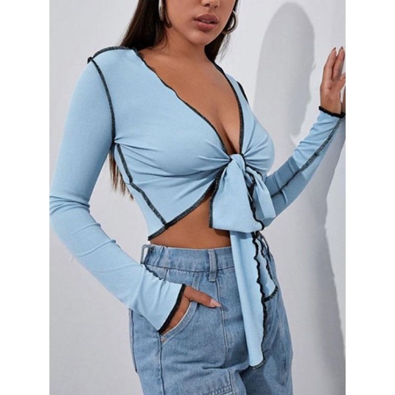 Ribbed Topstitching Tie Front Crop T Shirt SM3585