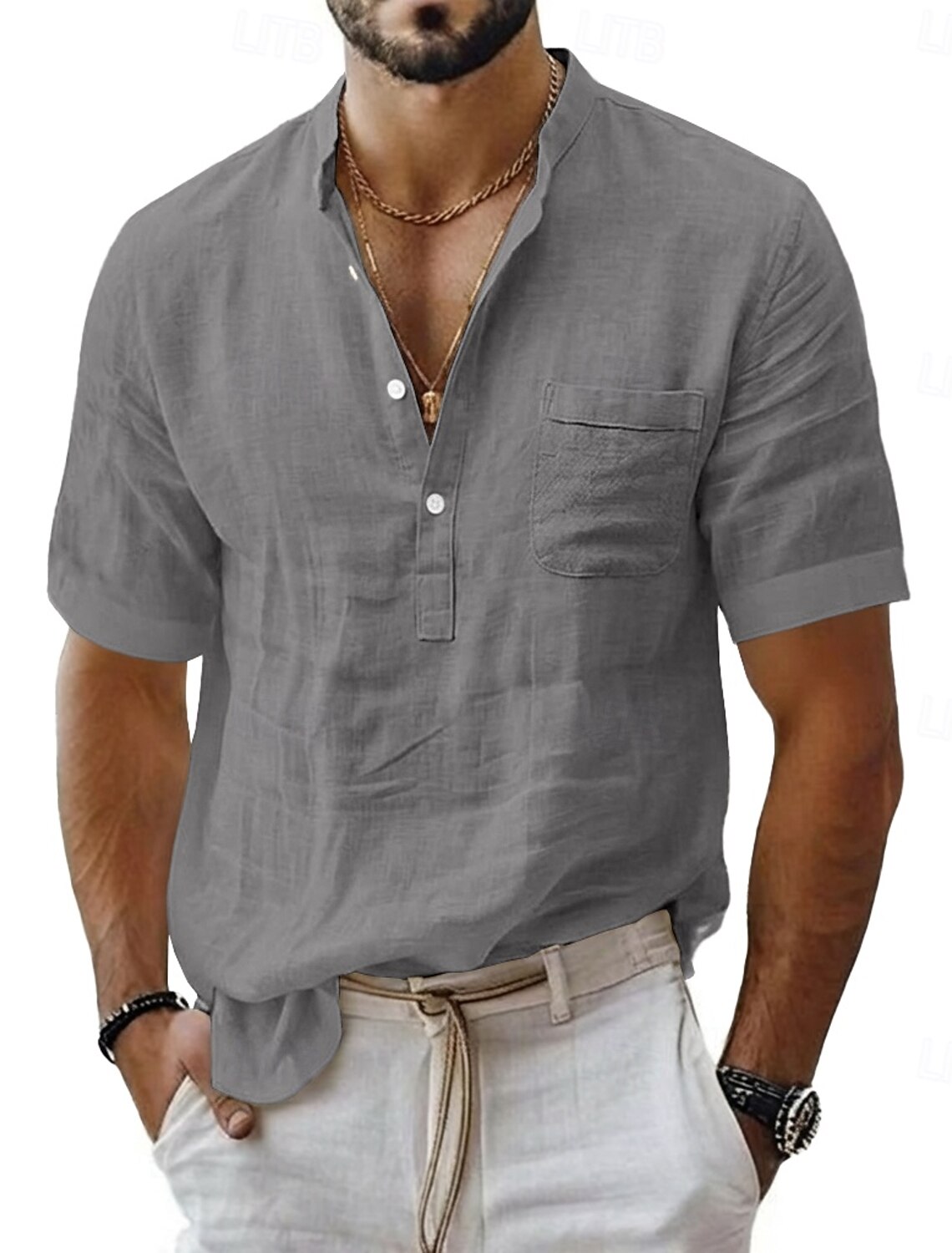 Men's Linen Shirt Popover Summer Beach Wear Band Collar Plain Casual