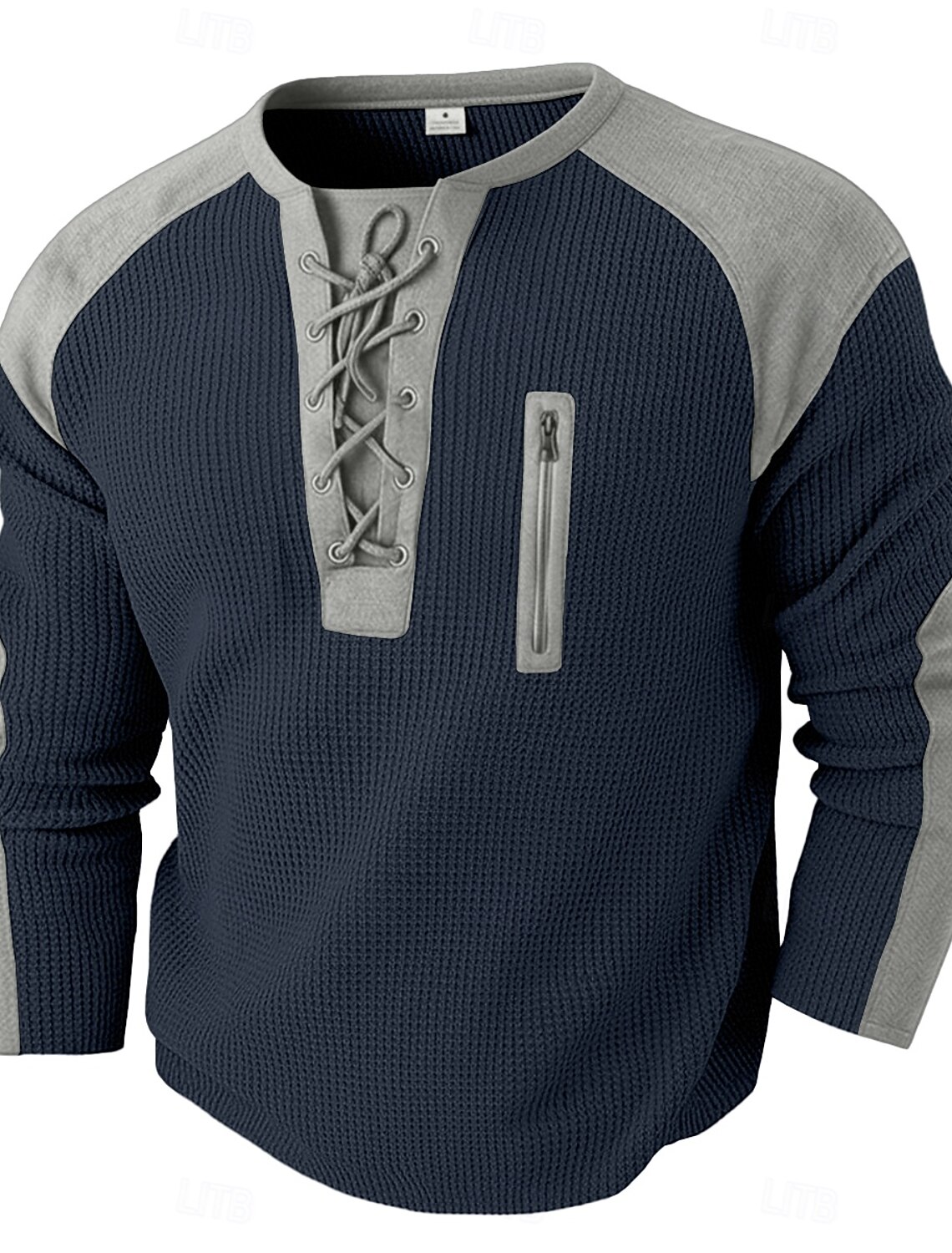 Men's Waffle T-shirt T Shirt Henley Long Sleeve Hooded Lace Up Neck