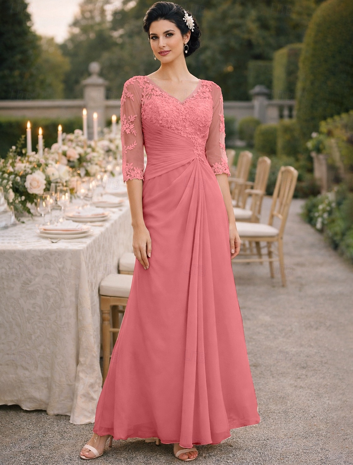 A-Line Floor Length Wedding Guest Dress Formal Dresses Evening Gown Mother of the Bride Dress Half Sleeve V Neck Elegant Plus Size See Through Wedding Guest Chiffon with Appliques Side Draping
