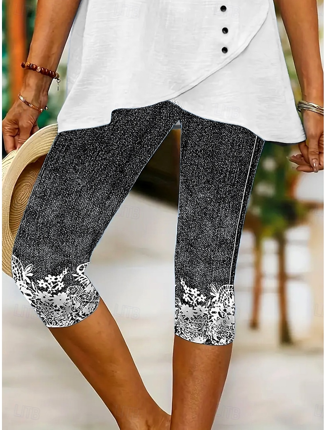 Women's Leggings Capri Pants High Elasticity Vacation Fashion Hawaiian Calf-Length Mid Waist Floral Graphic Printing Breathable Soft Vacation Casual Daily Light Blue Summer Spring Regular Fit