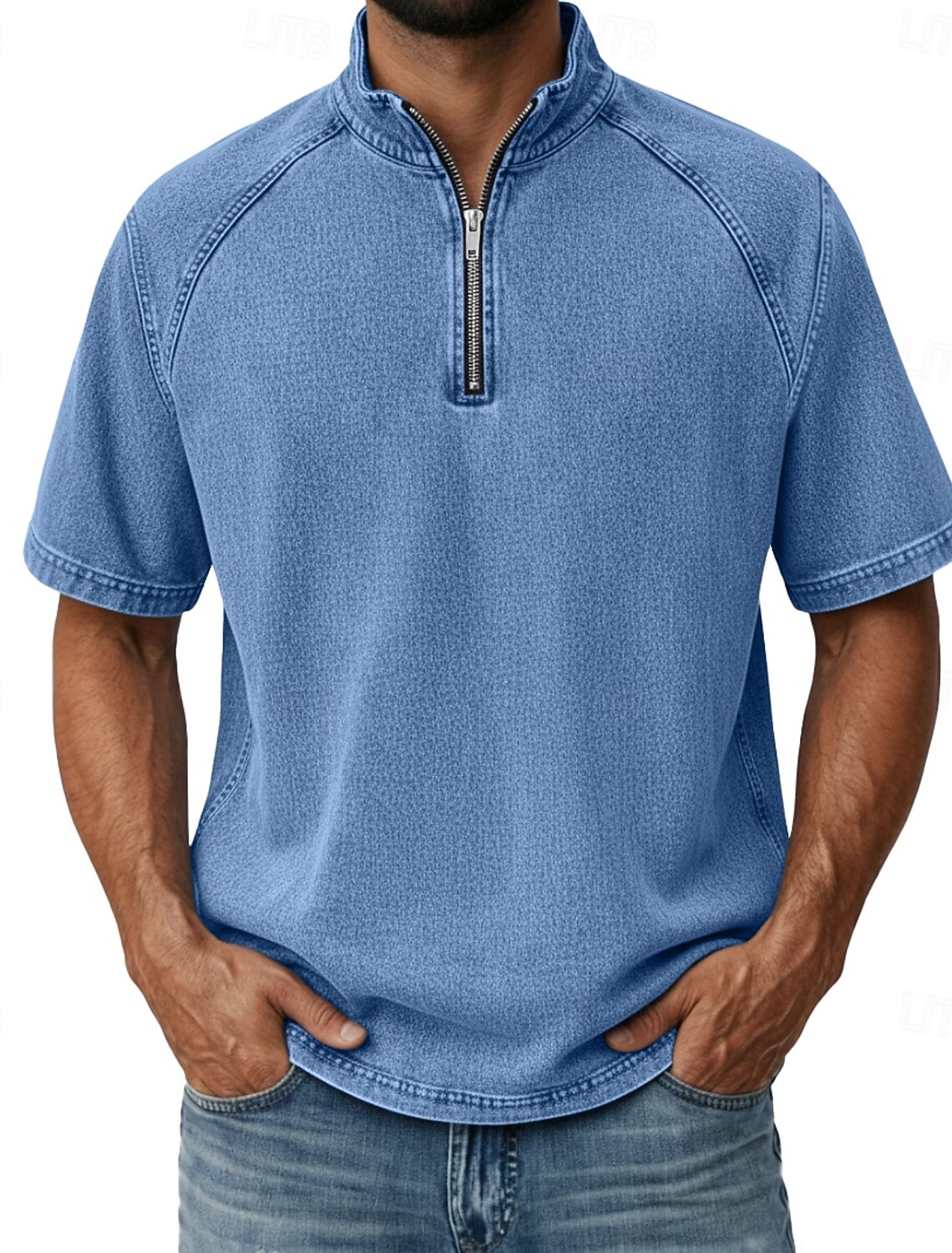 Men's Denim Shirt 100% Cotton Acid Wash Tee Top Short Sleeve Stand