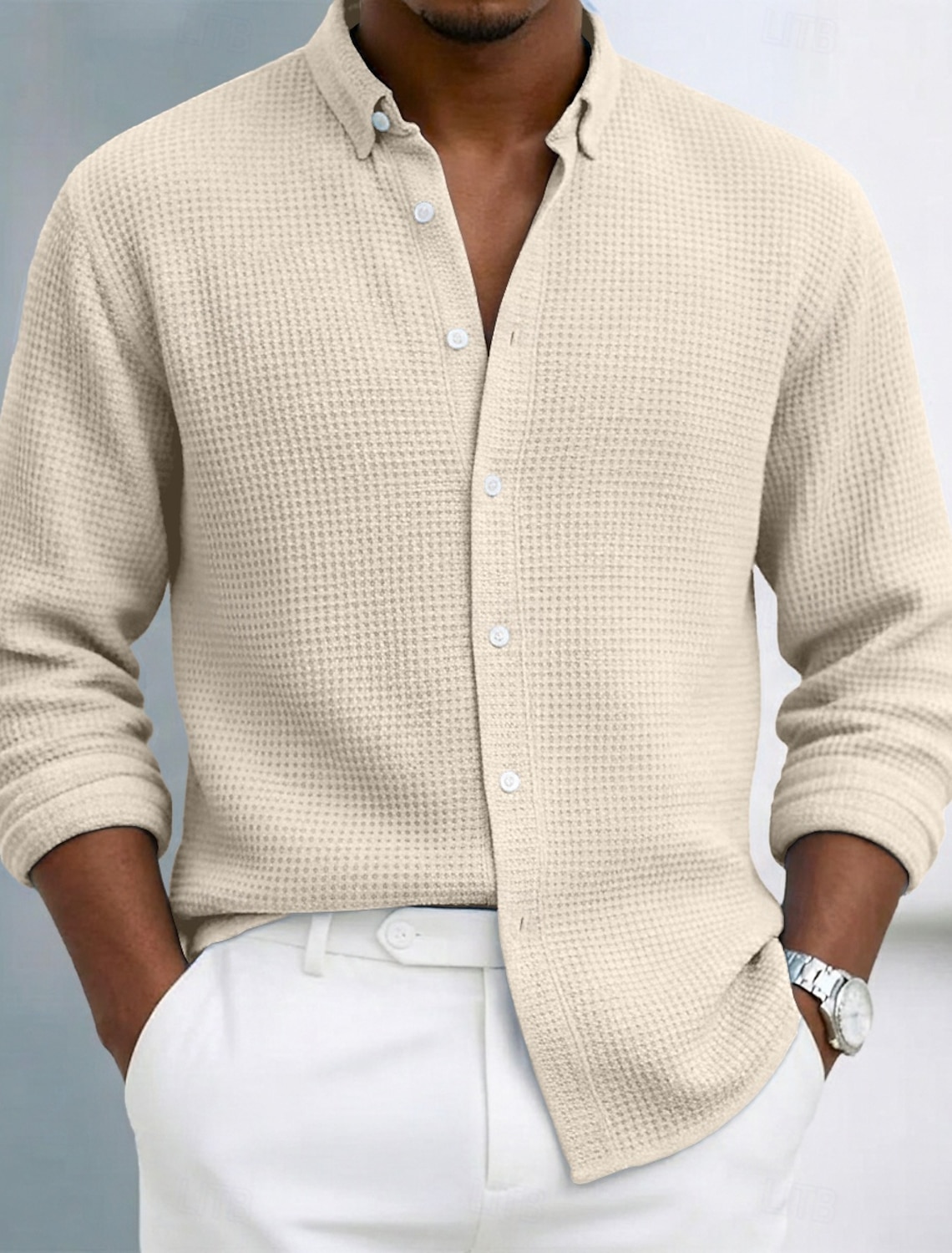 Men's Shirt Waffle Texture Casual Button Up Black White Wine Navy B #1