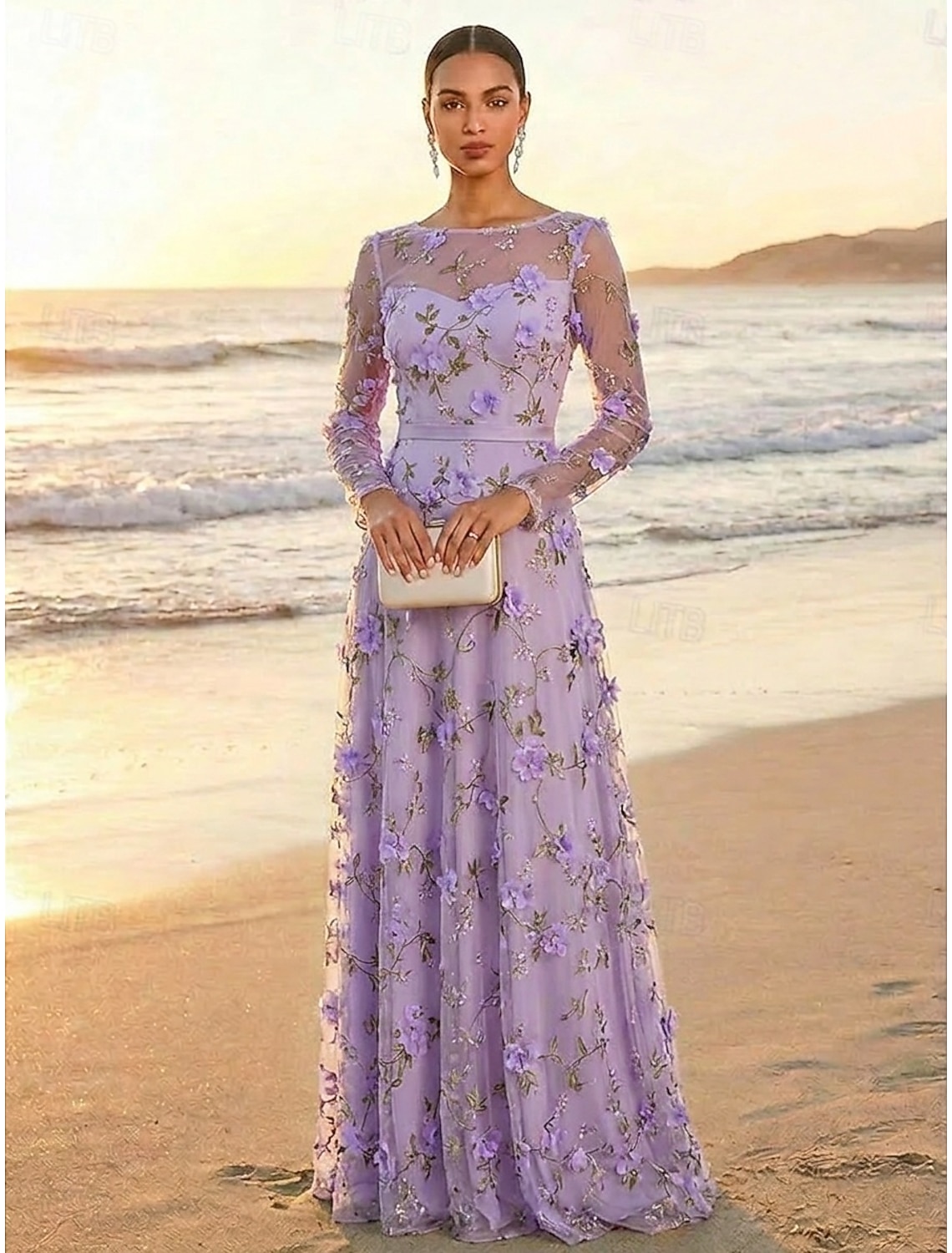 A-Line Dress Floor Length Party Dress Mother of the Bride Dress Long Sleeve Crew Neck Illusion Neck Elegant Vintage Luxurious Formal Wedding Guest Kentucky Derby Lace Tulle with 3D Flowers Embroidery