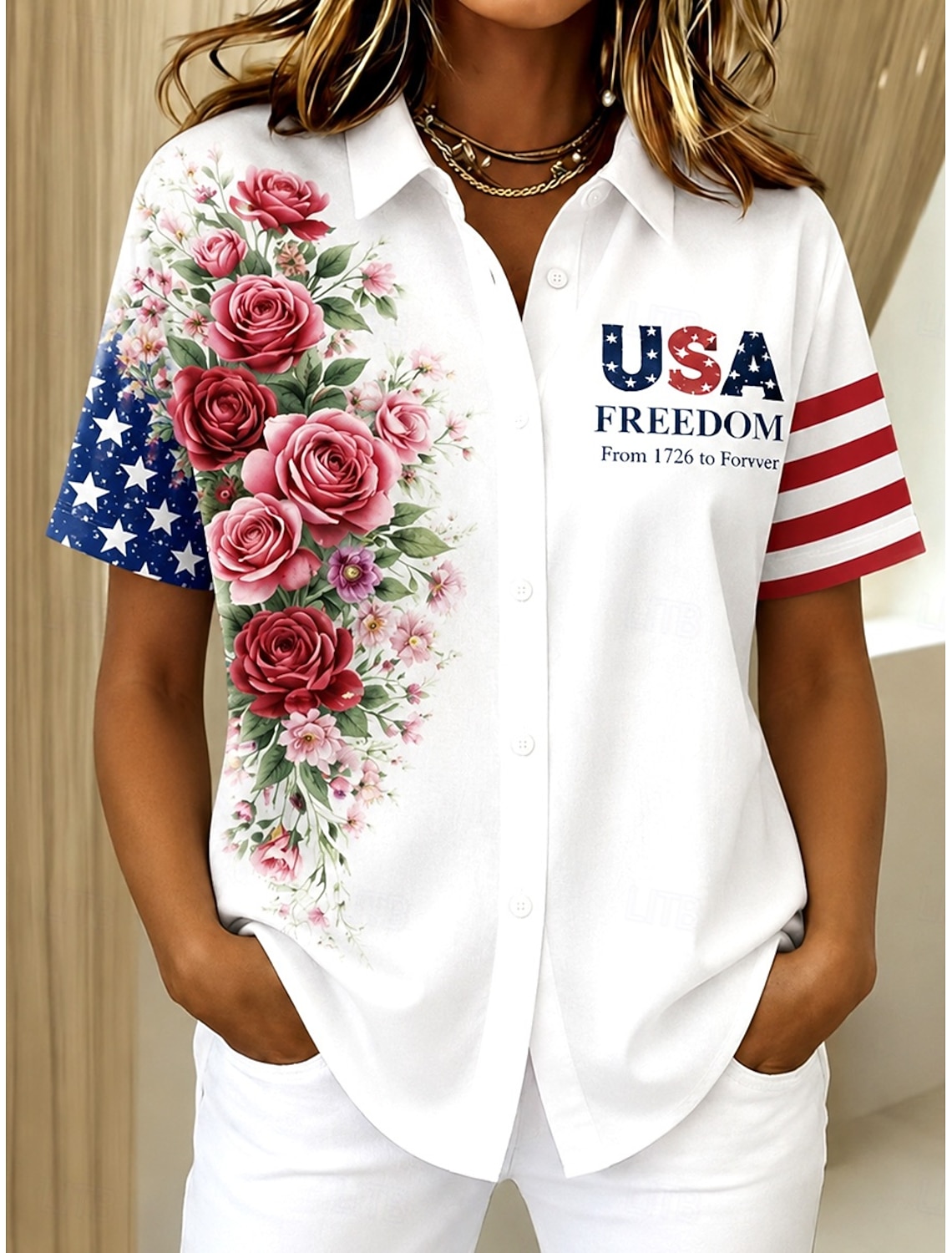 Independence Day Patriotic Women's T Shirt Graphic Flag Vintage Stylish Classic Short Sleeve V Neck Regular Tops Daily Print White Summer Spring