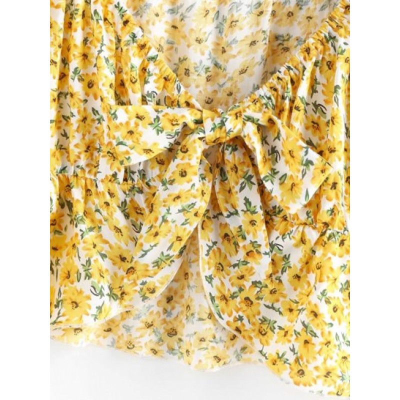 Ditsy Print Tie Front Peplum Blouse OX4841