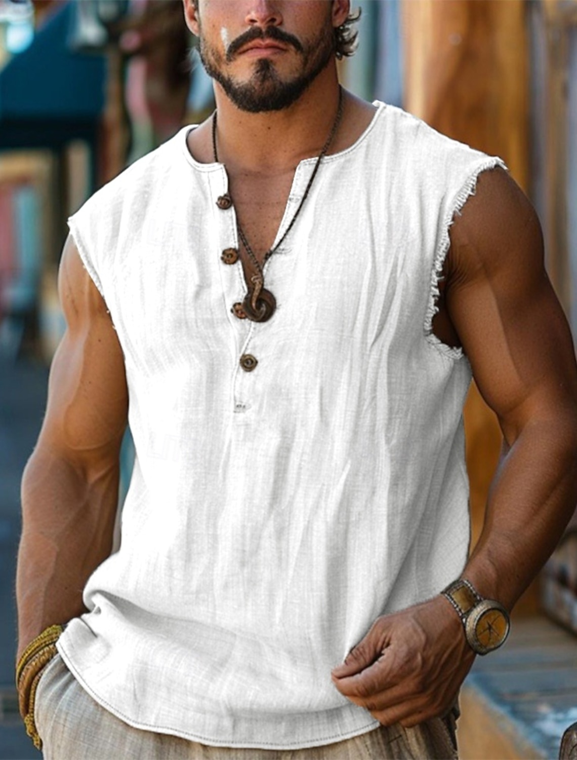 Men's Henley Shirt Vest Top Linen Tank Top Sleeveless Shirt Sleeveless Henley Summer Plain Fashion Designer Bohemian Buttons Vacation Casual Going out Black White Pink Top Tee for Men