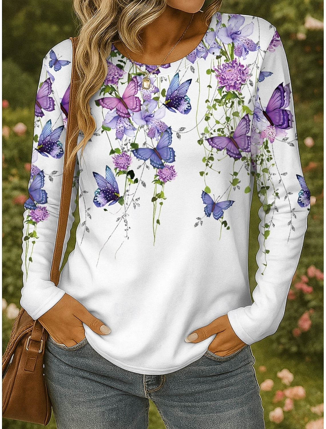 Women's T shirt Long Sleeve Crew Neck Long Sleeve Tunic Floral Graphic Butterfly Vintage Stylish Classic Round Neck Regular Tops Daily Print Black White Yellow Pink Blue Fall Prefall