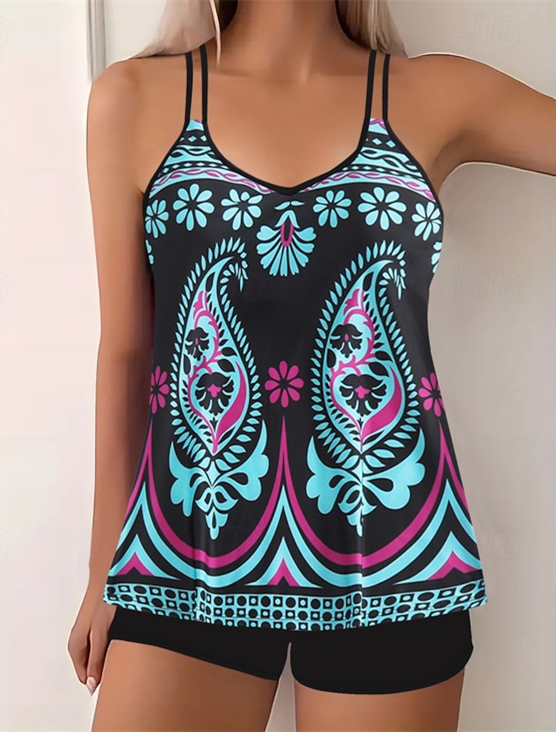 Women's Tankini Two Piece Swimsuit Racerback Swimwear Swimwear Blue Yellow Quick Dry Lightweight Breathable Sleeveless - Surfing Beach Swimming Summer Spring