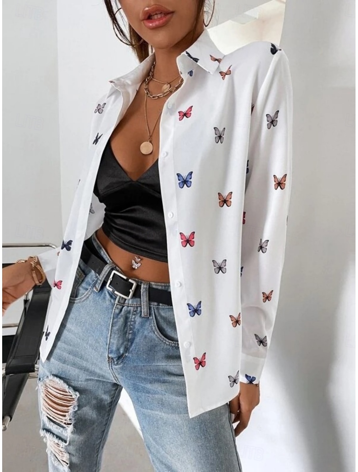 Women's Shirt Blouse Stylish Casual Butterfly Regular Tops Long Sleeve Shirt Collar Buttons Print Regular Fit Daily Summer Spring