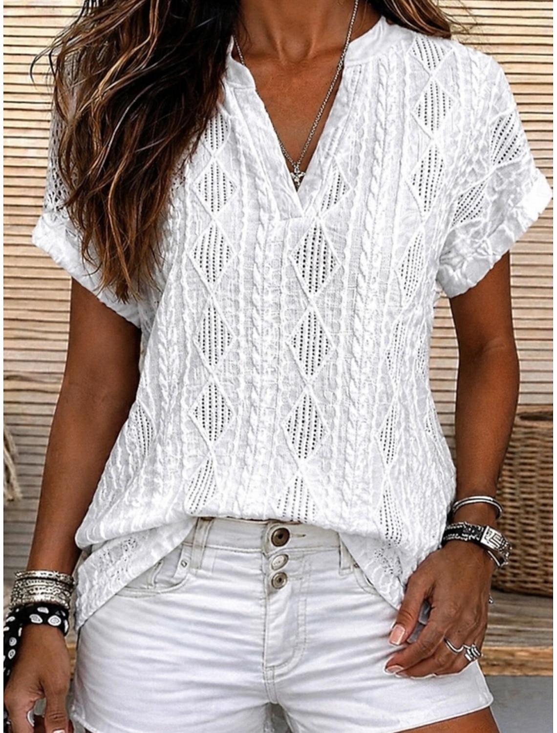 Women's Blouse Lace Solid Color Stylish Casual Short Sleeve V Neck Regular Tops Daily Blue Black White Orange Grey Summer Spring Fall