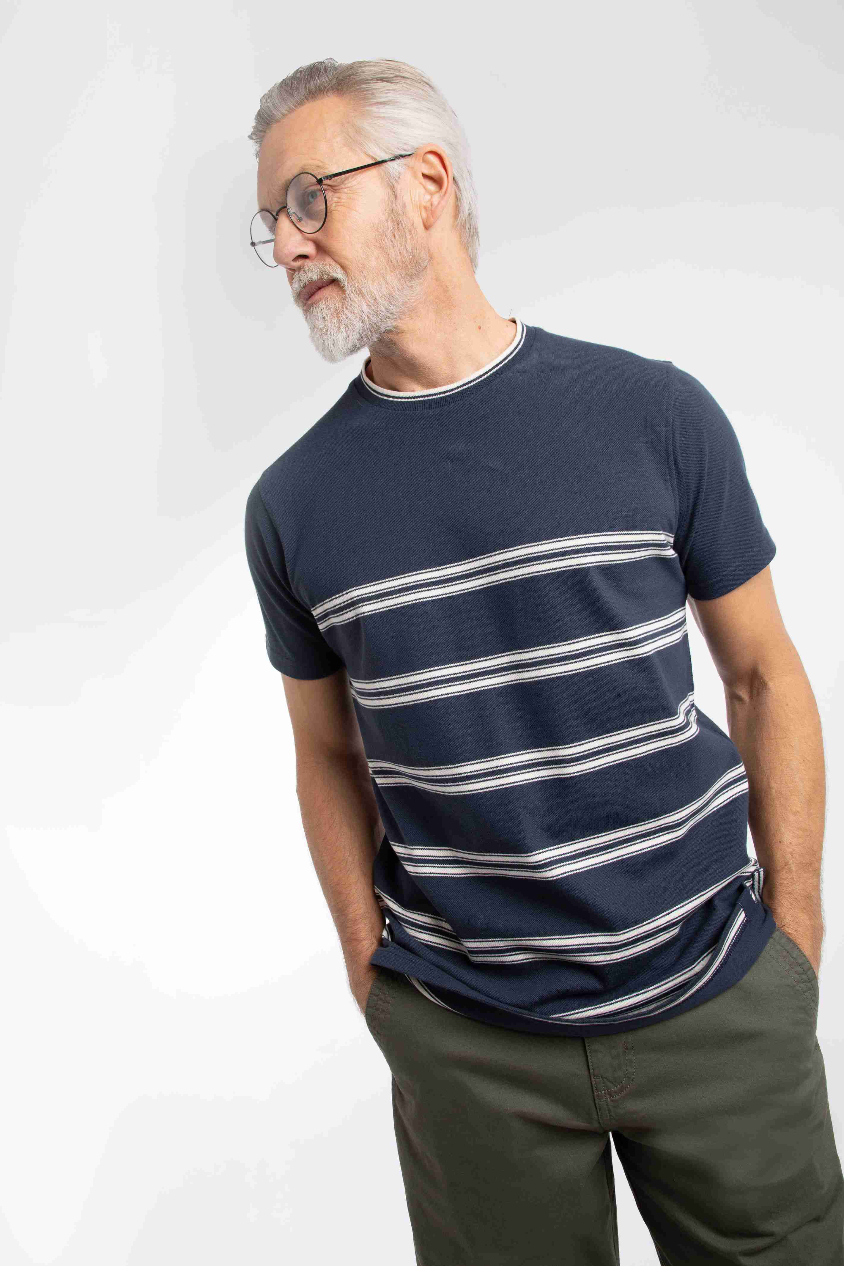 Fjord Pique Stripe Crew Neck T-Shirt Midnight