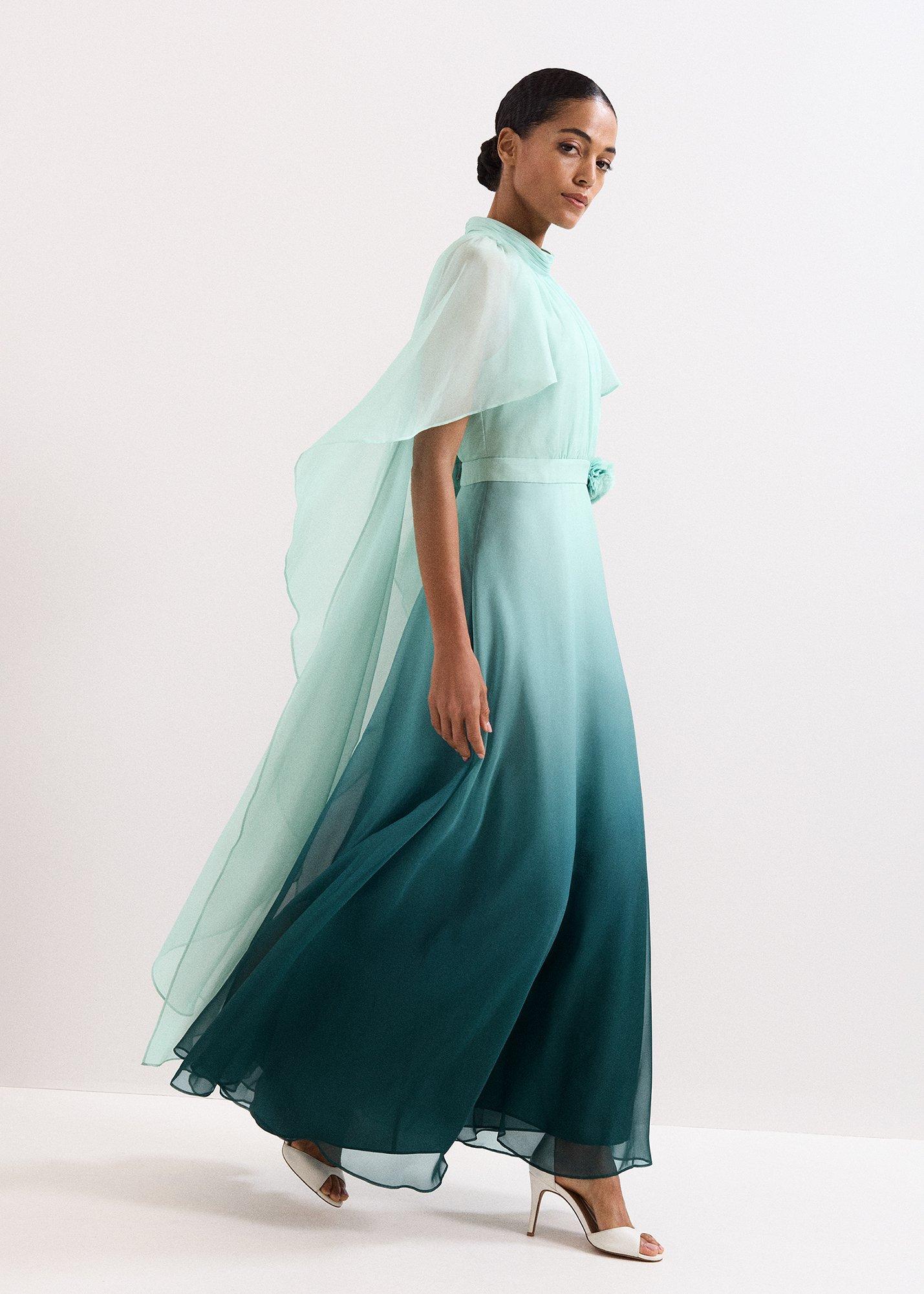 Petite Aspen Teal Ombre Cape Maxi Dress
