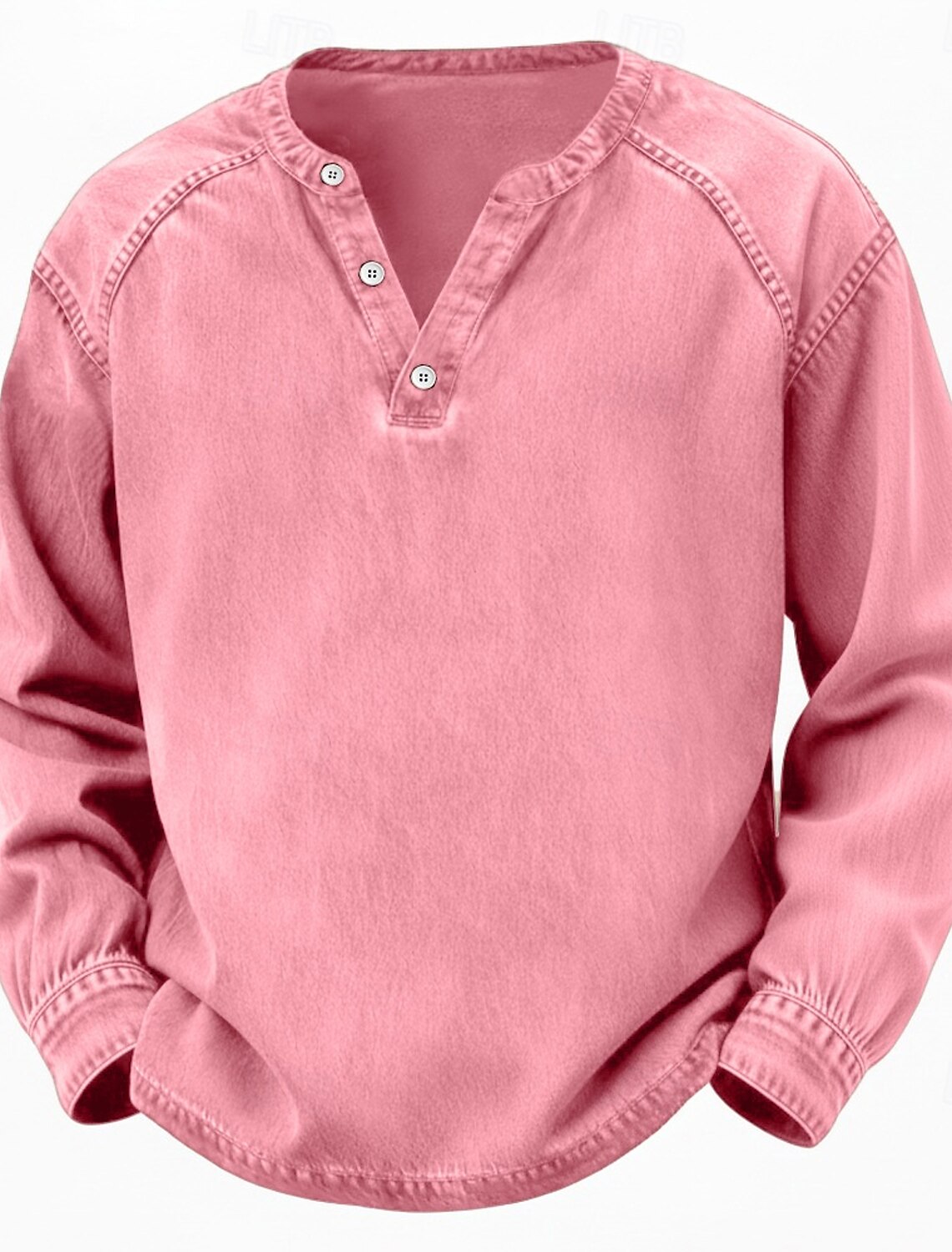 Men's T Shirt Henley 100% Cotton Acid Wash Tee Top Long Sleeve Plai #2