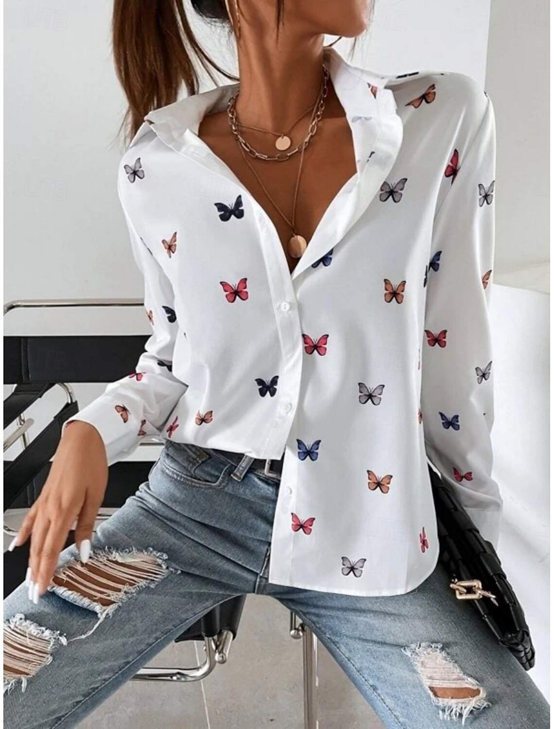 Women's Shirt Blouse Stylish Casual Butterfly Regular Tops Long Sleeve Shirt Collar Buttons Print Regular Fit Daily Summer Spring