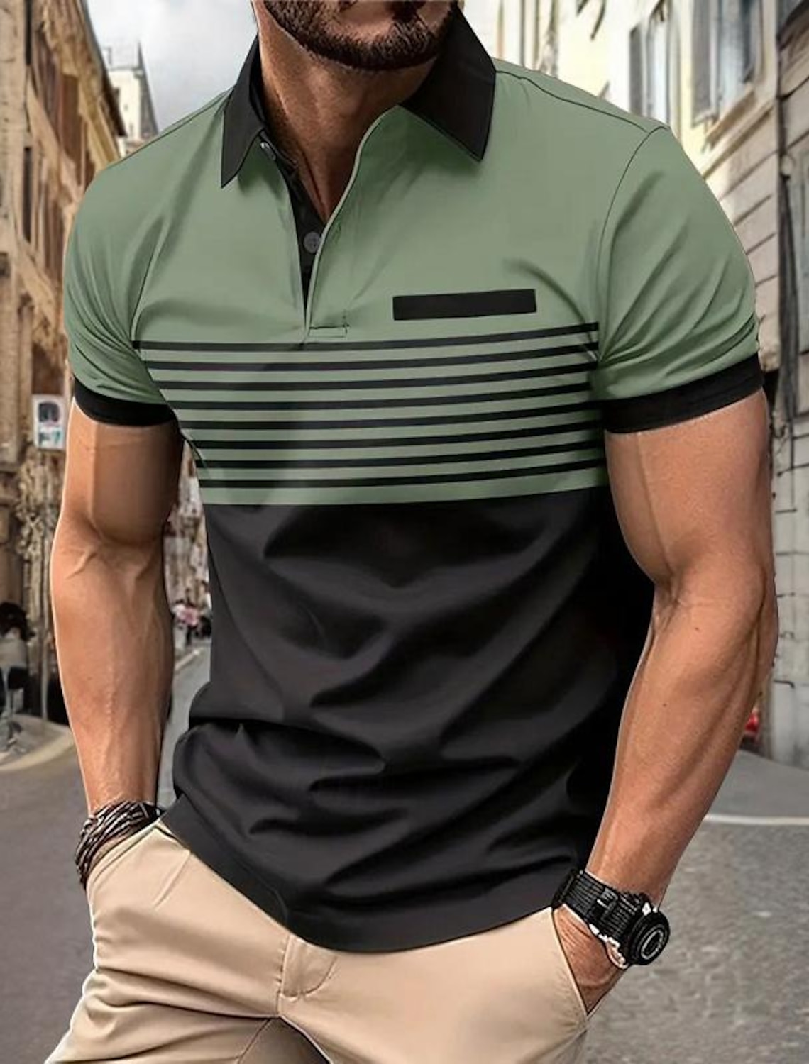 Men's Horizontal Stripes Polo Long Sleeve Shirts Collared Business