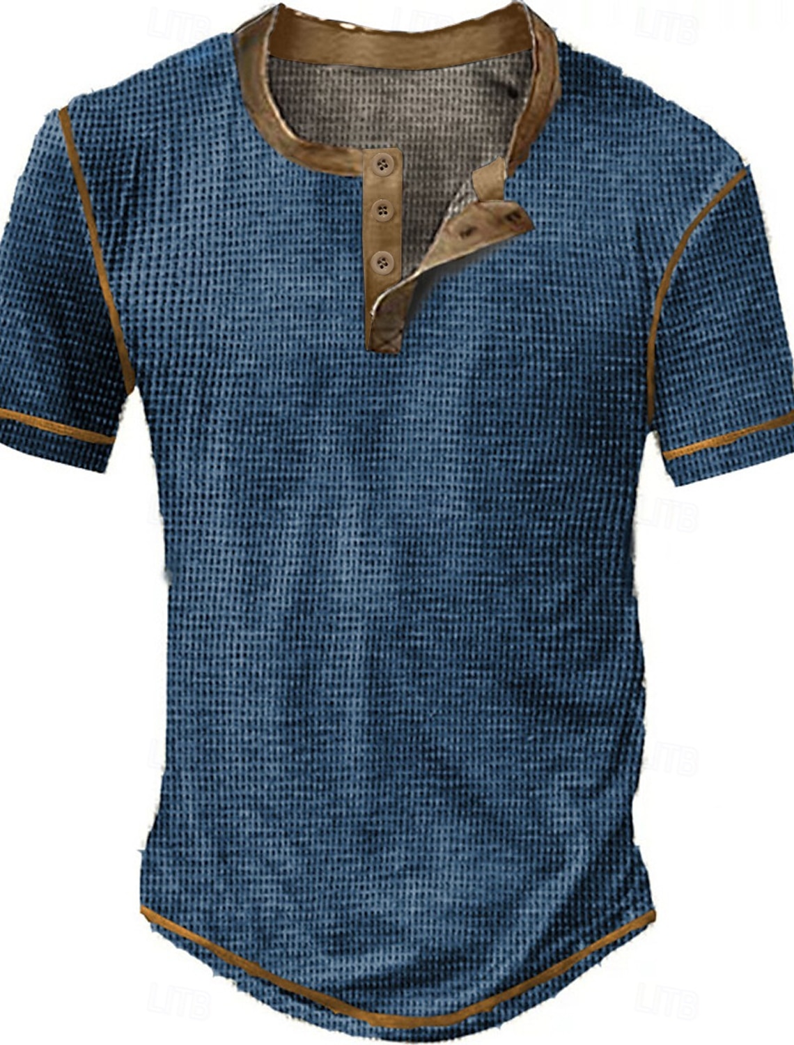 Men's Waffle Henley Shirt Tee Short Sleeve Plaid Checkered Fashion