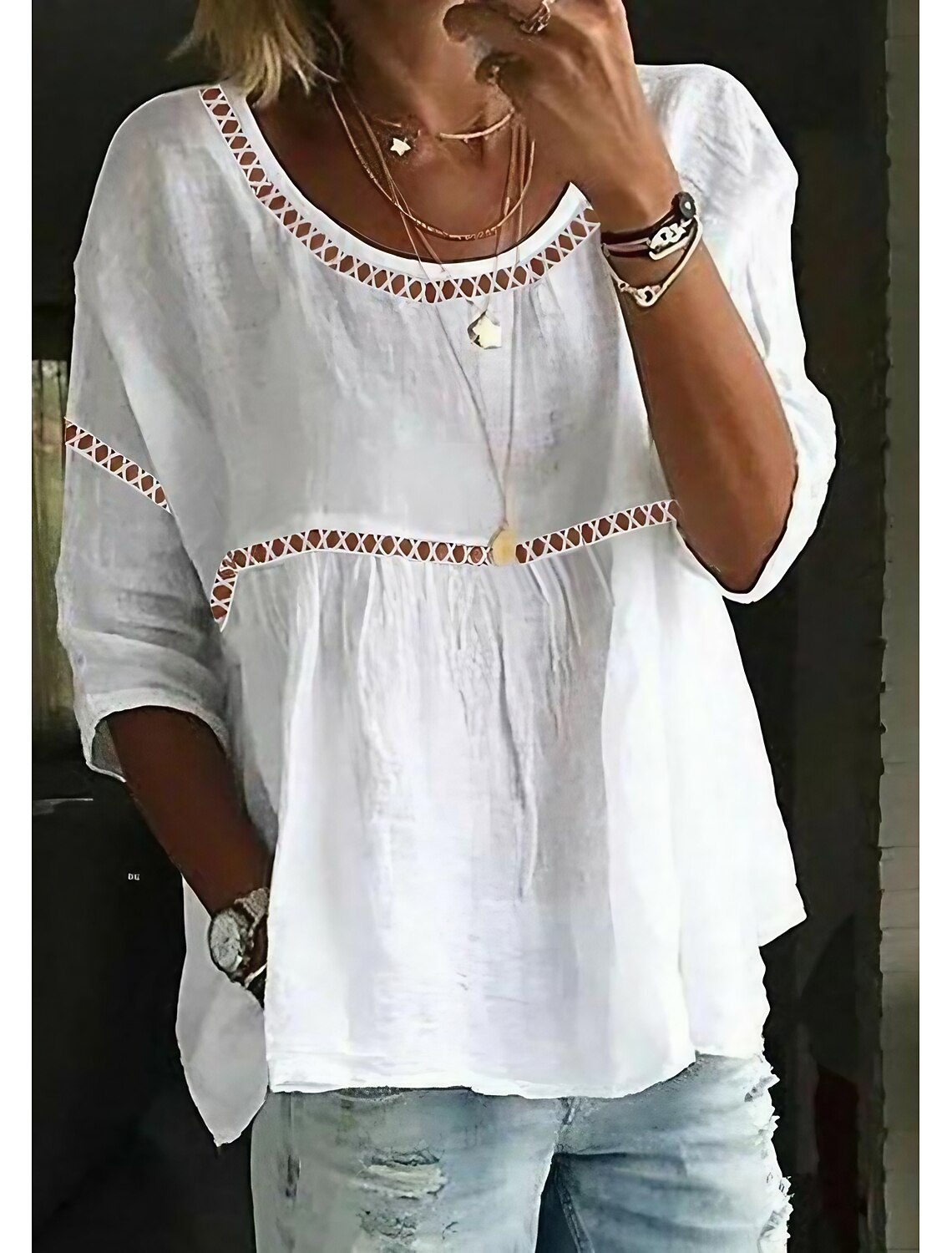 Women's Linen-feel Shirts Eyelet Top Lace Shirt Long Cotton Top Lace Patchwork Plain Basic 3/4 Length Sleeve Round Neck Regular Tops Casual White Pink Summer Fall