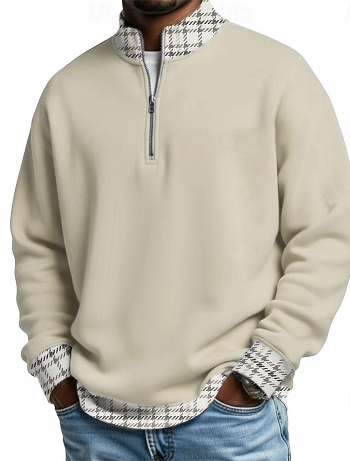 Men's Plaid Zip Polo Shirts Long Sleeve Grandad Collar Casual School