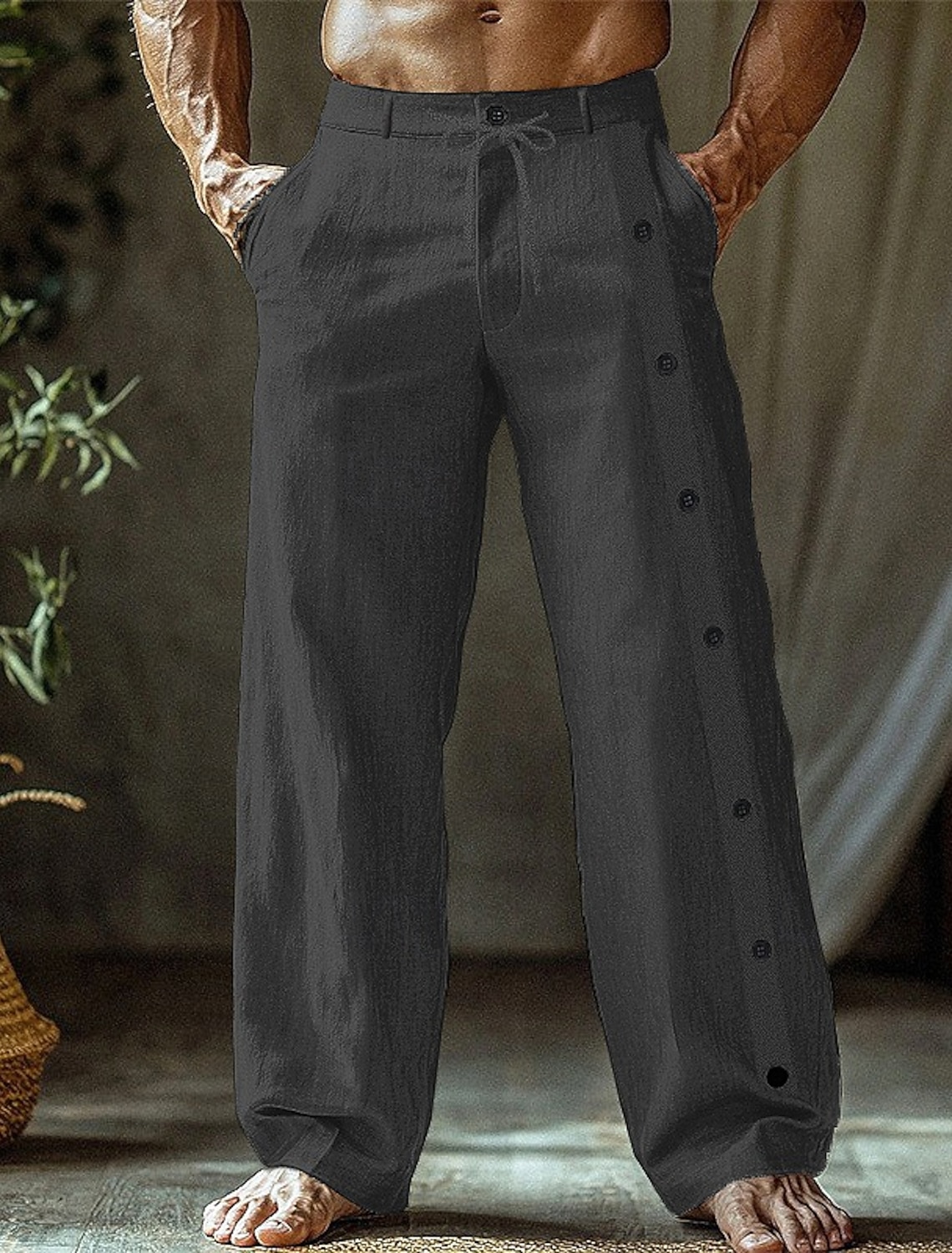 Men's Linen Pants Trousers Summer Pants Beach Pants Buttons Pocket Straight Leg Plain Comfort Breathable Vacation Daily Holiday Hawaiian Boho Black White
