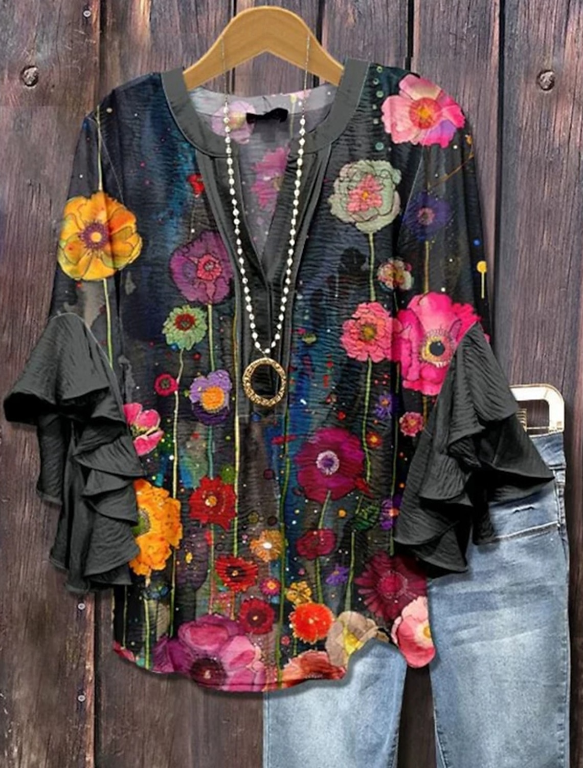 Women's T Shirt Ruffle Print Floral Fashion Modern 3/4 Length Sleeve V Neck Regular Tops Daily Black Summer