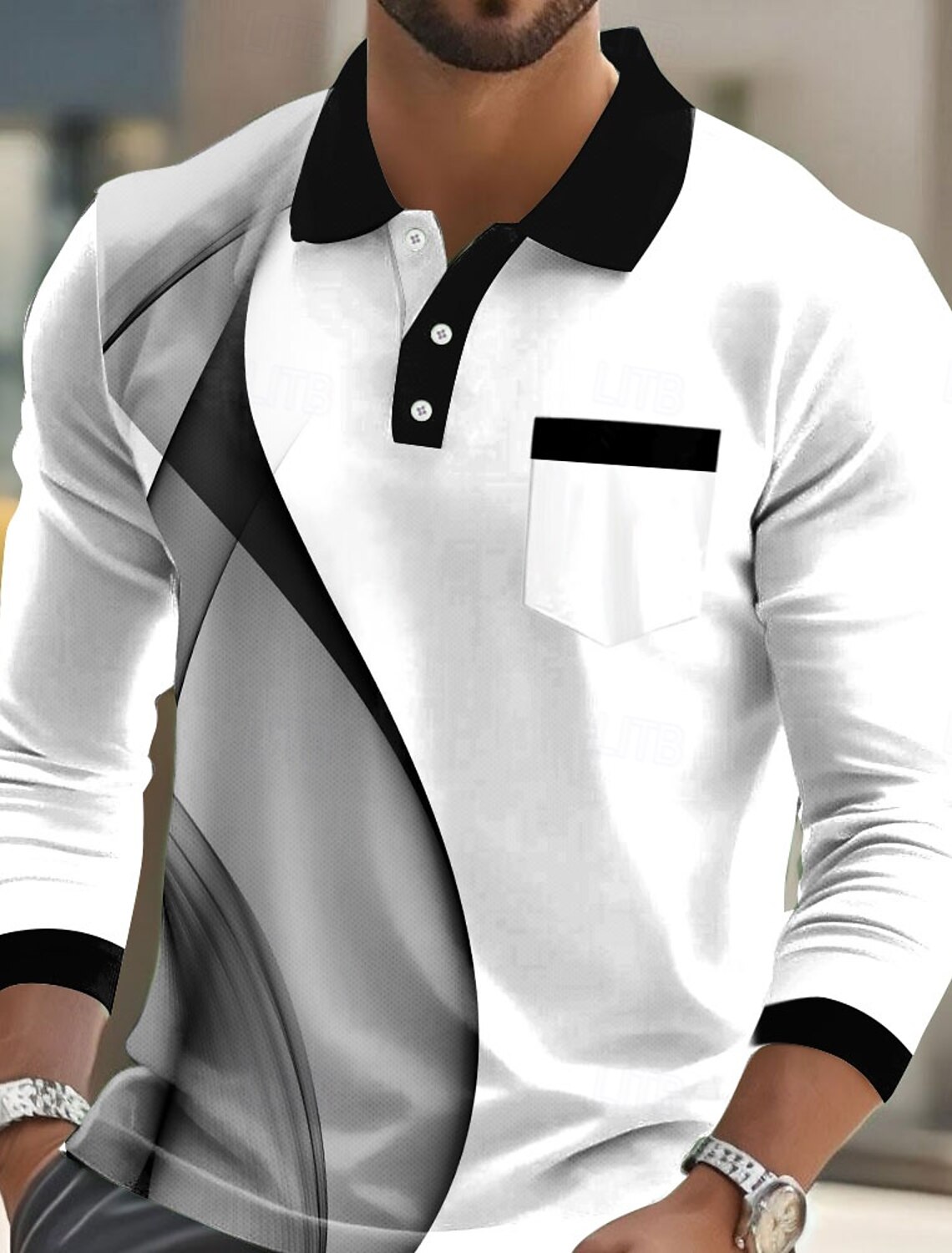 Men's Geometric Polo Long Sleeve Shirts Lapel Casual Business