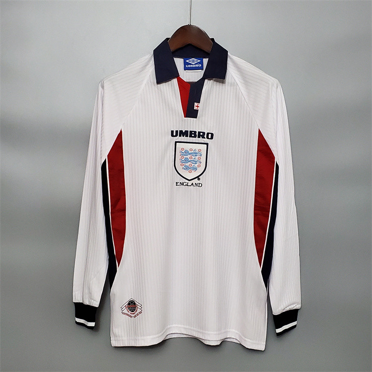 1998 England Home White Retro Soccer Jersey Long Sleeve Football