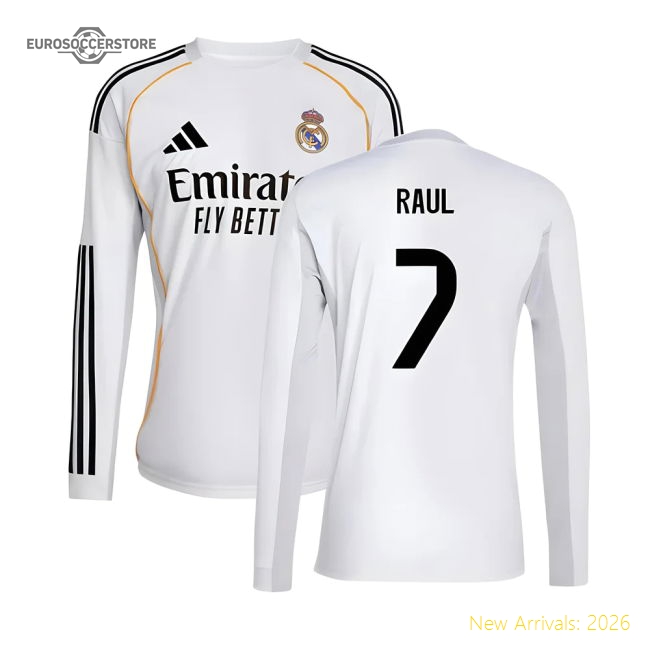 Genuine 2025-2026 Real Madrid Long Sleeve Home Shirt (Raul 7)
